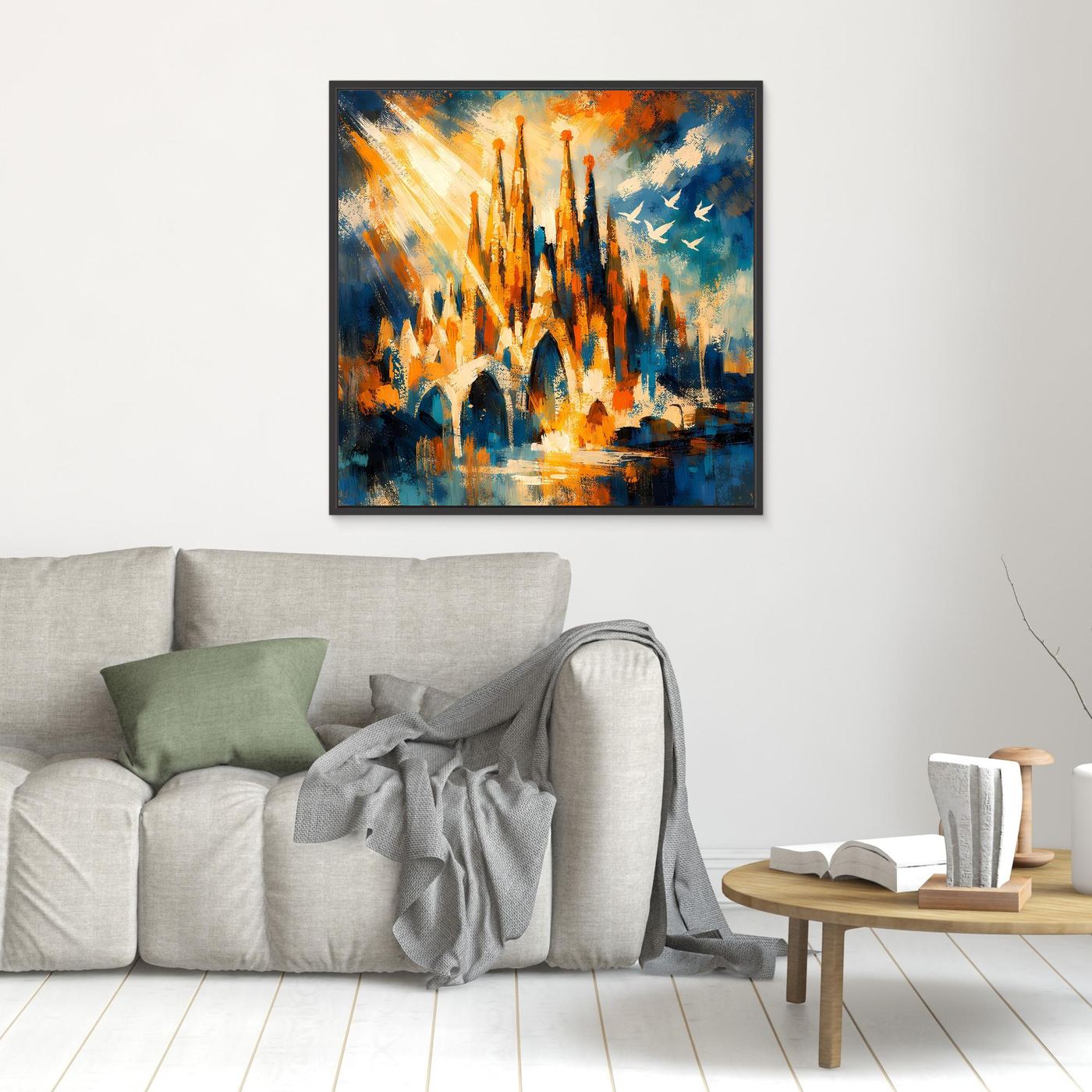 Abstraktes Leinwandbild mit Sagrada-Familia-Türmen, schwarzer Rahmen