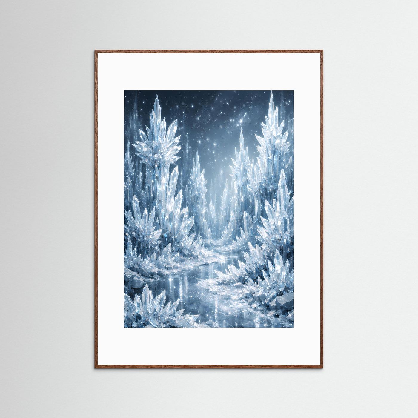 Eiskristall-Fantasyposter im Hochformat, braune Rahmenleiste, silberweiße Kristallbäume