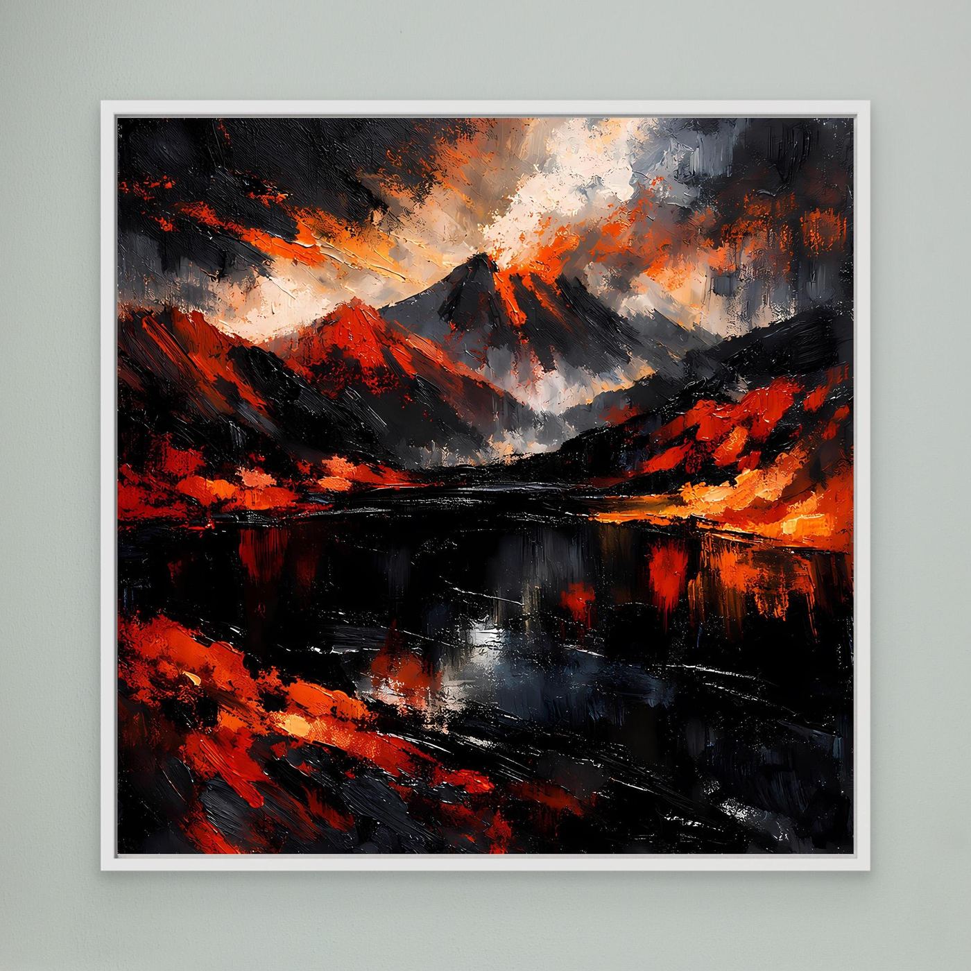 Abstraktes Leinwand-Wandbild mit Vulkan- und Flammenmeer-Motiv, schwarzer Rahmen