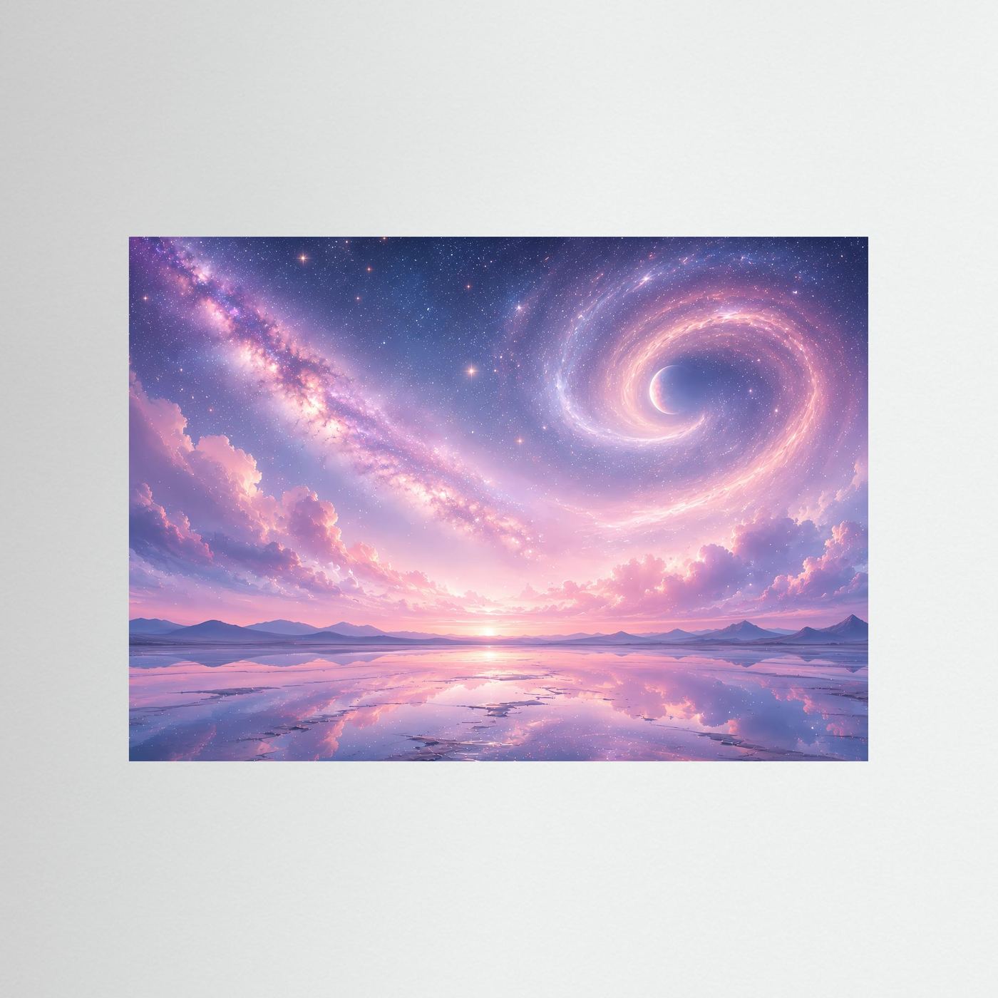 Pastell Galaxie Poster | Magischer Sternenhimmel mit Spiralnebel | Traumhafte Kosmos Wandkunst in Rosa & Lavendel
