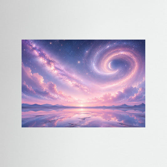 Cosmos-Poster mit Spiralnebel und Sternen am Himmel, rosa Lavendel, blauer Holzrahmen