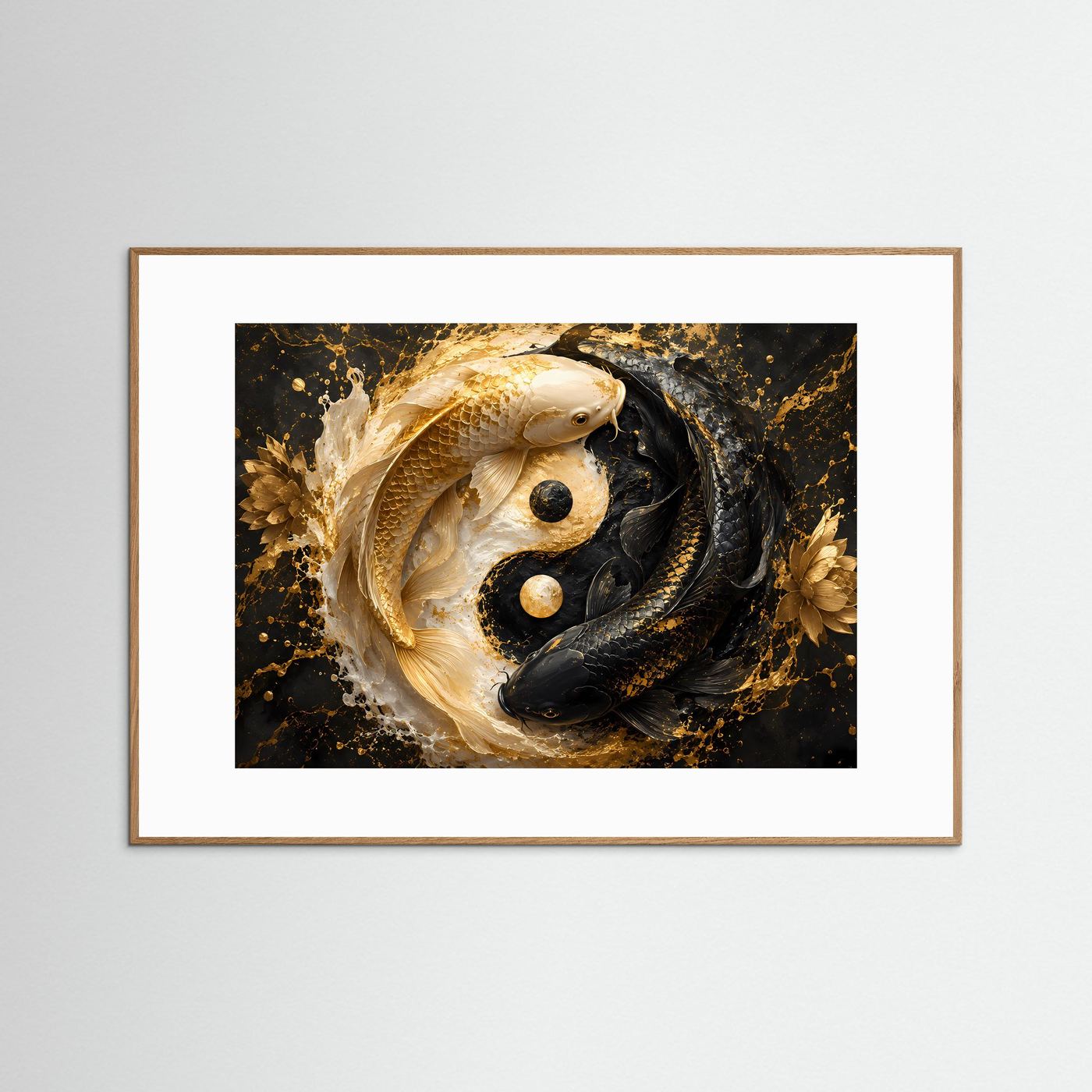 Yin Yang Koi Poster | Goldene und Schwarze Koi Fische Wandkunst | Luxuriöses Feng Shui Wandbild | Abstrakte Zen Kunst | Premium Wall Art