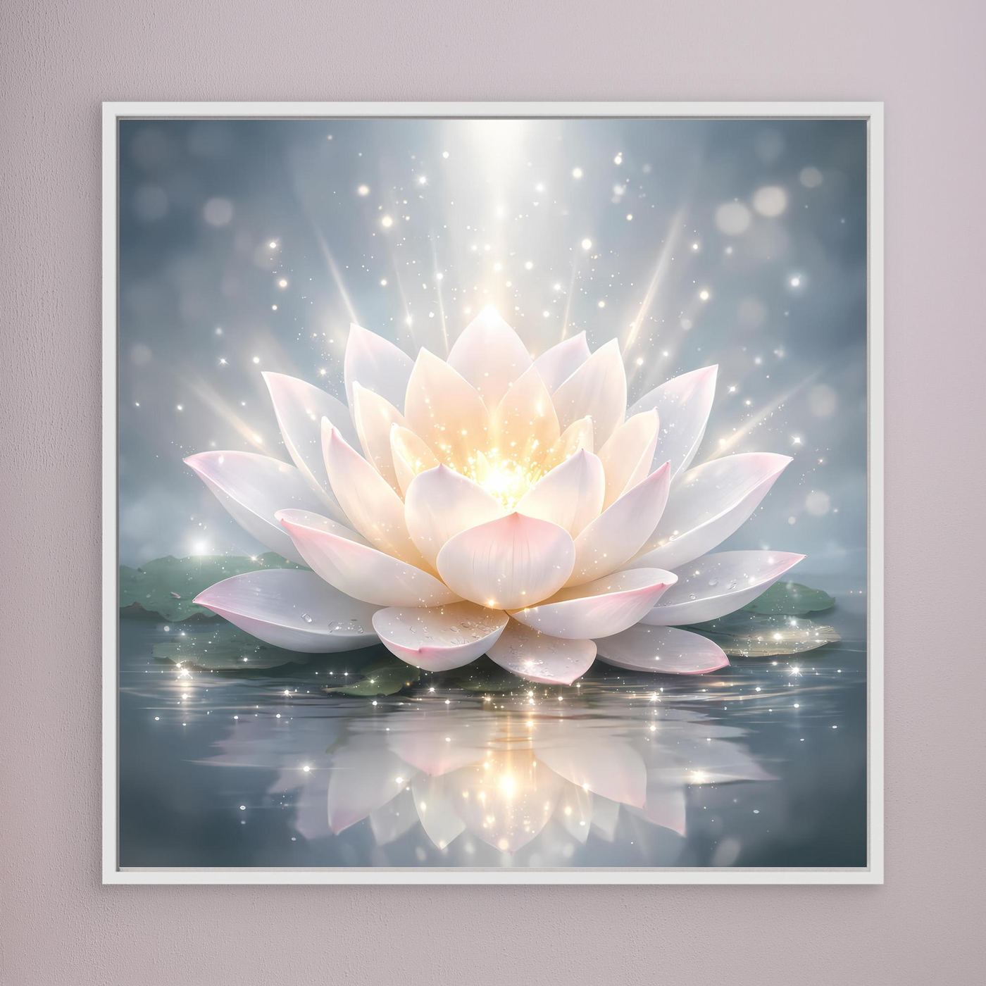 Leinwandbild mit zentrierter leuchtender Lotusblüte in Pastelltönen, weißer Rahmen.