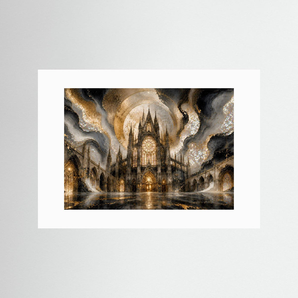 Wandbild in weißer Passepartout-Optik mit gotischer Kathedrale, Gold und Perlmutt