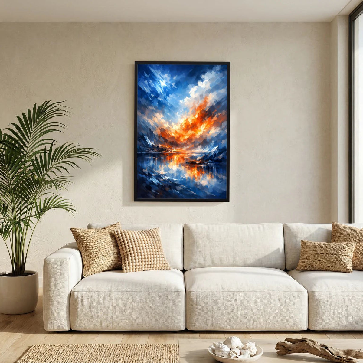 Hochformat-Poster mit abstrakter Landschaft in Blau und Orange, im schwarzen Rahmen an der Wand.