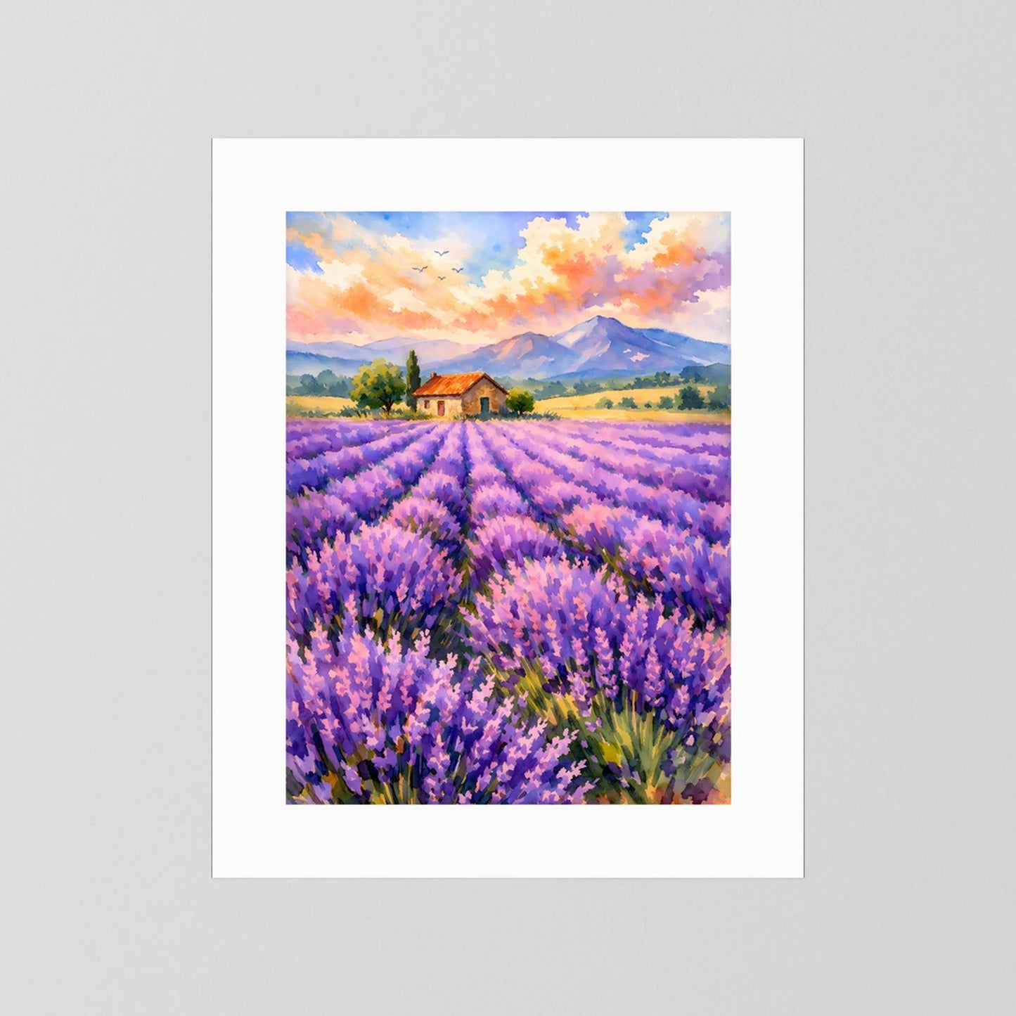 Poster im Hochformat mit weißer Umrandung, Lavendelfeld mit Haus und violettem Blütenmeer