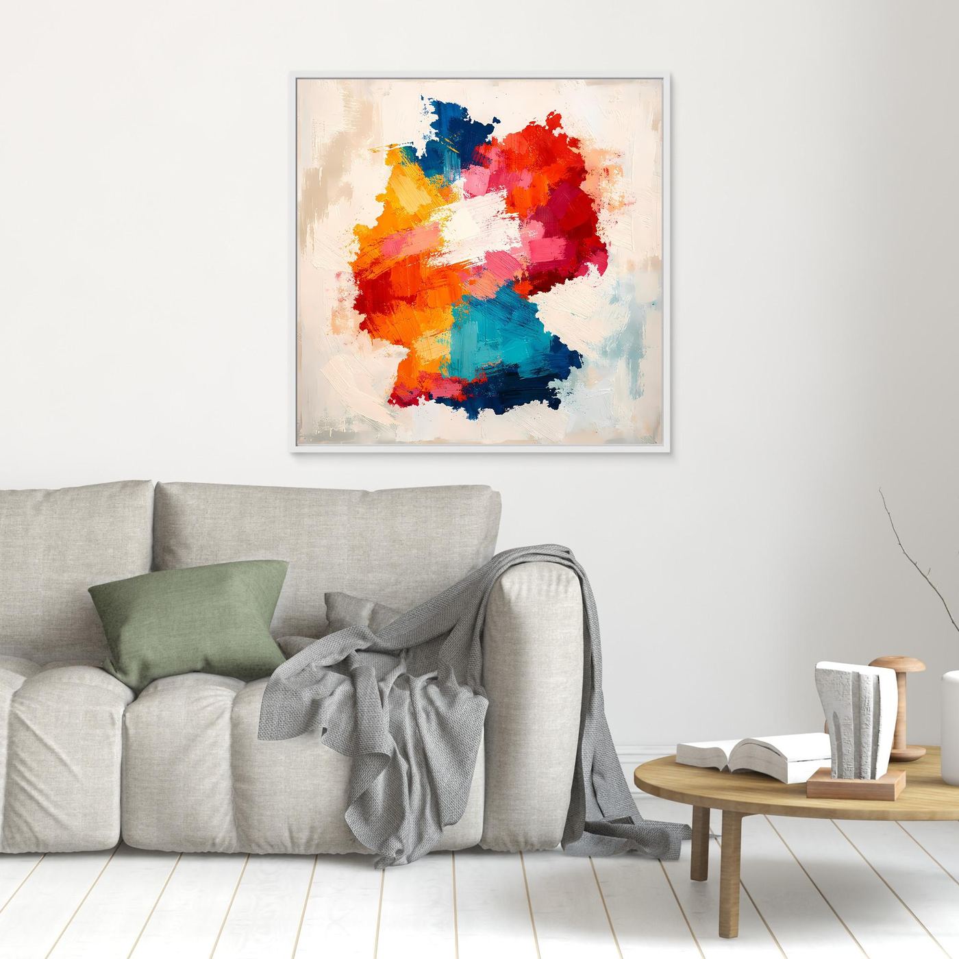 Small framed abstract canvas wall art with colorful map silhouette, light silver frame
