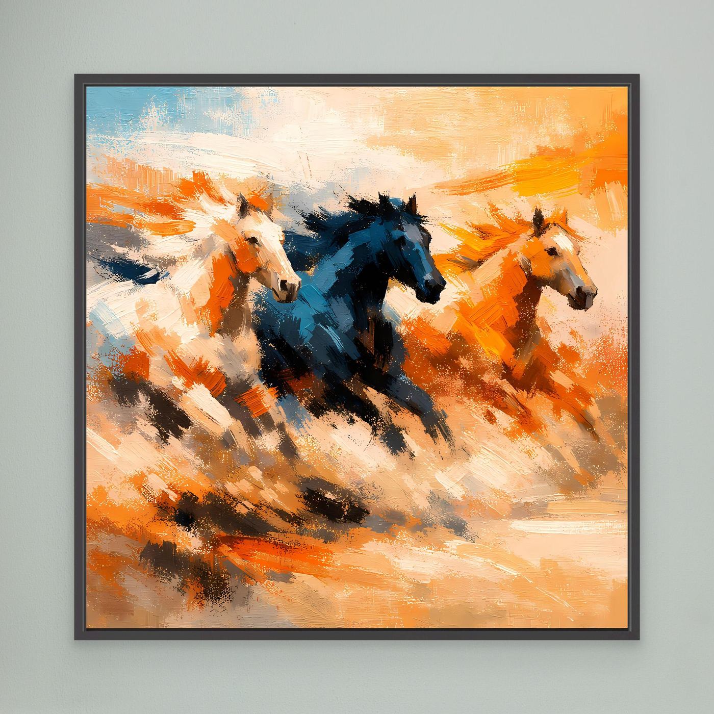Premium Leinwand Wilde Pferde Galopp | Abstraktes Wandbild Dynamische Ölgemälde Optik