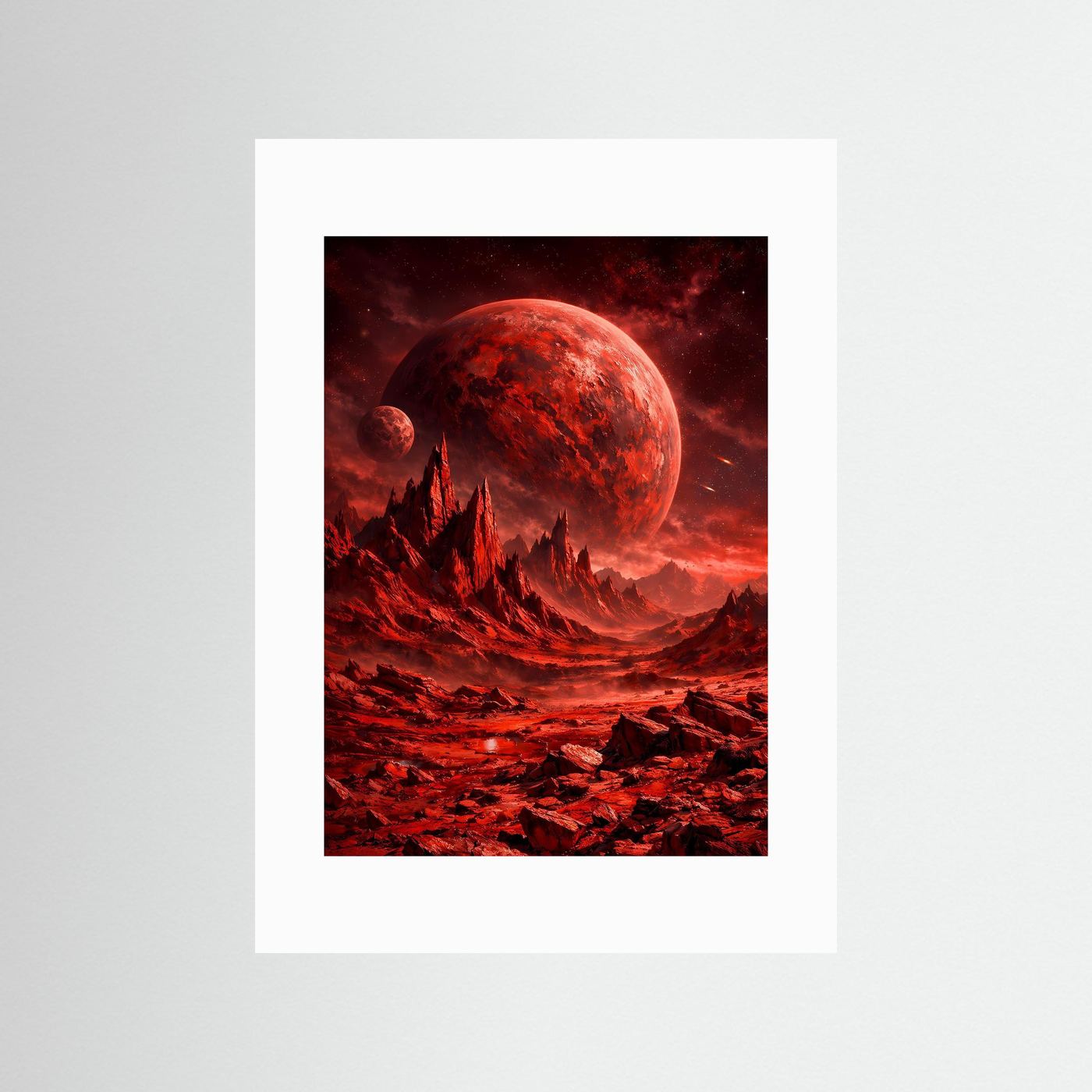 Sci‑Fi-Kunstposter mit weißem Passepartout: roter Planet, Felszacken, rote Weltraumlandschaft