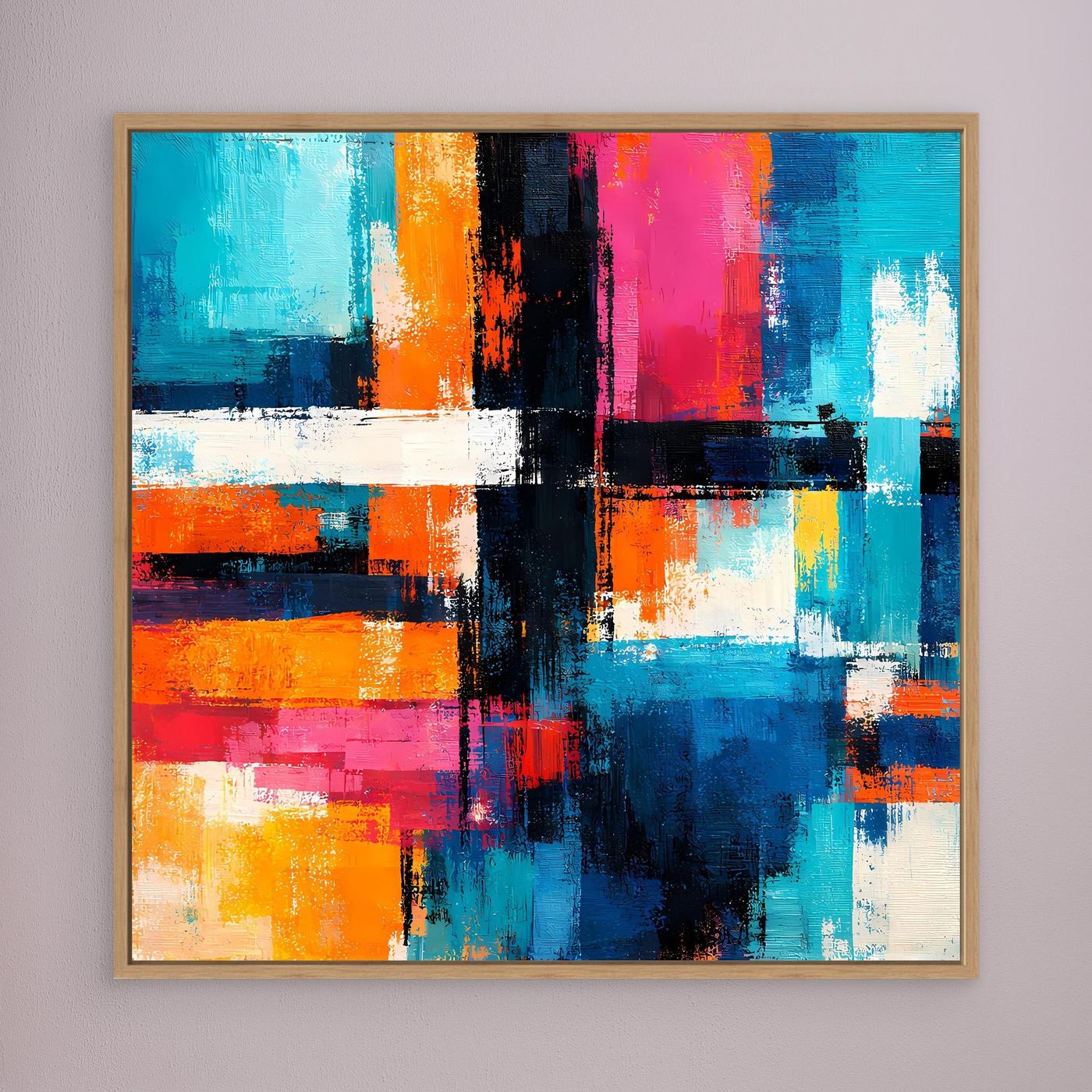 Abstract geometric wall art, multicolor blocks and bars with black lines, oak frame