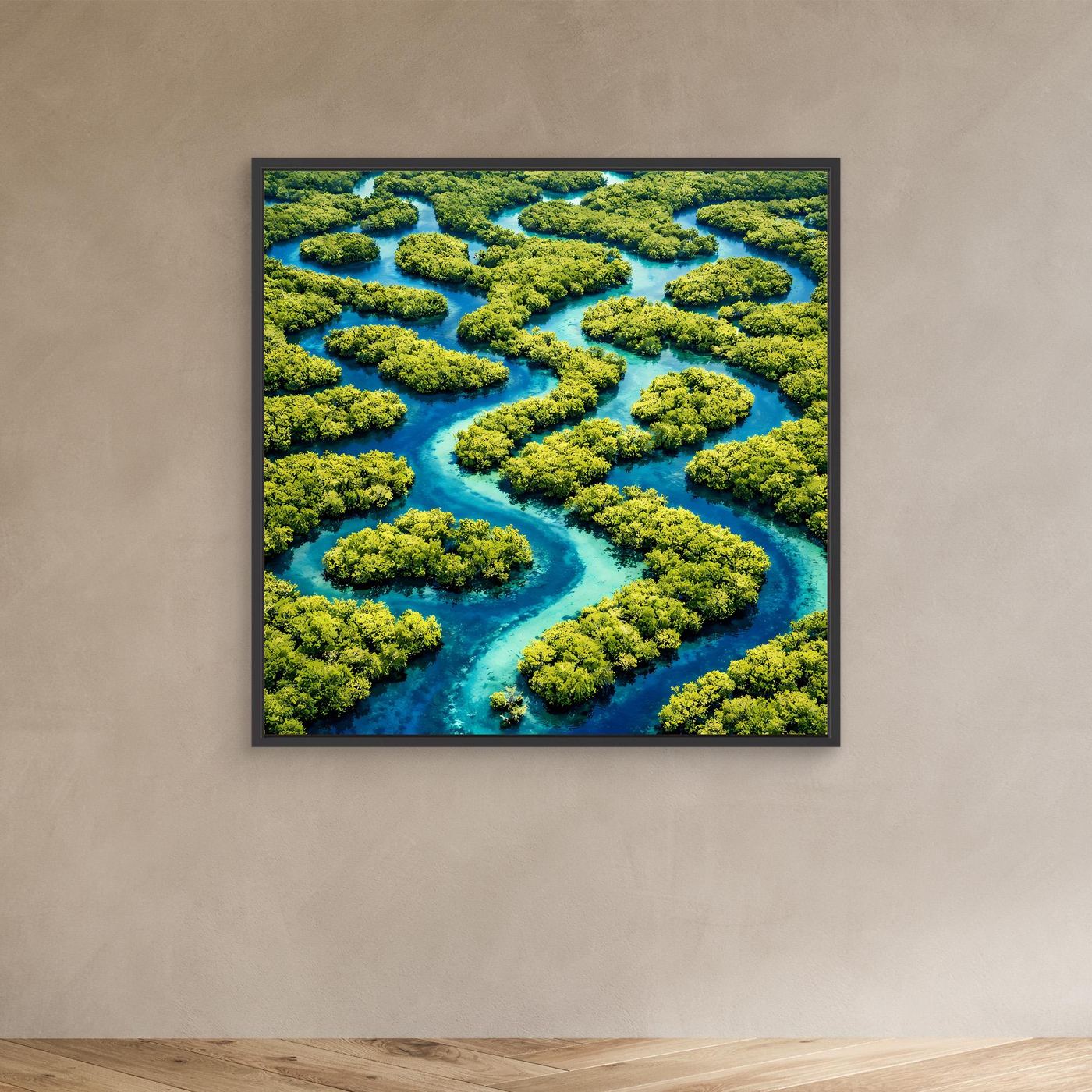 Quadratisches Leinwandbild Wasserlabyrinth mit schwarzem Rahmen: türkisblauer Fluss