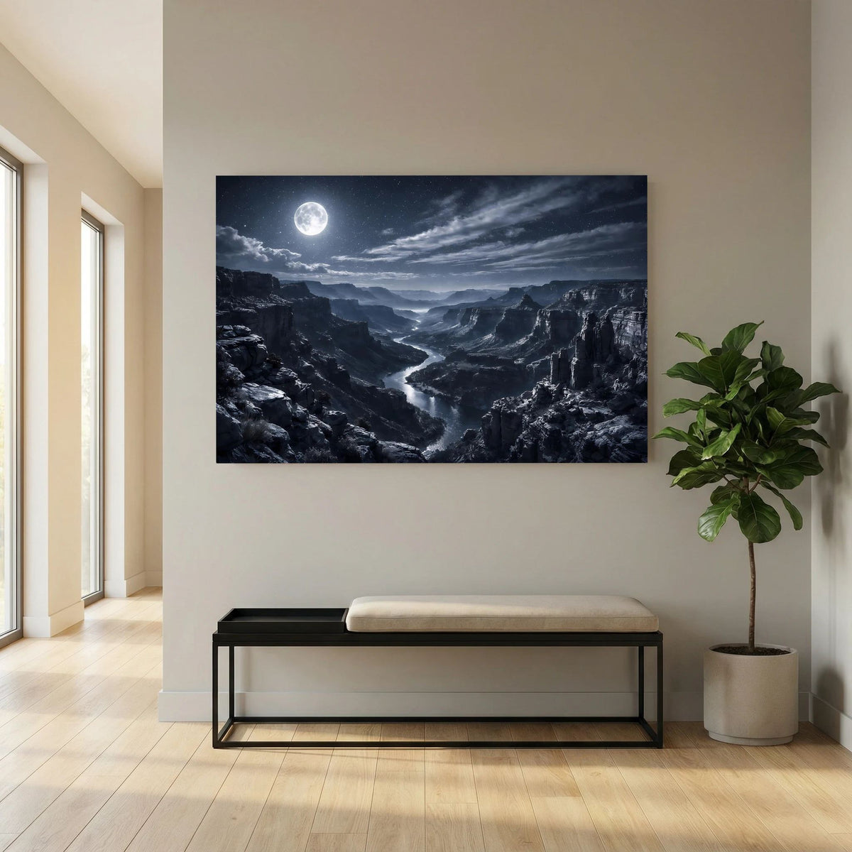 Wandposter im Querformat mit Mondnacht-Canyon, Schluchten und Flussverlauf