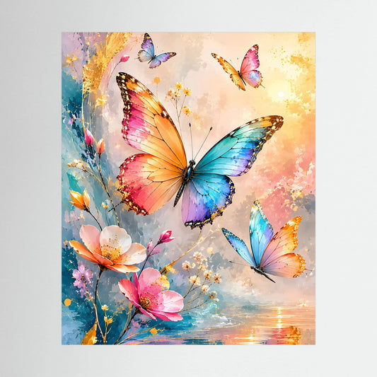 Hochformatiges Poster mit bunten Schmetterlingen und Blumen in Pastell, mit Goldakzenten