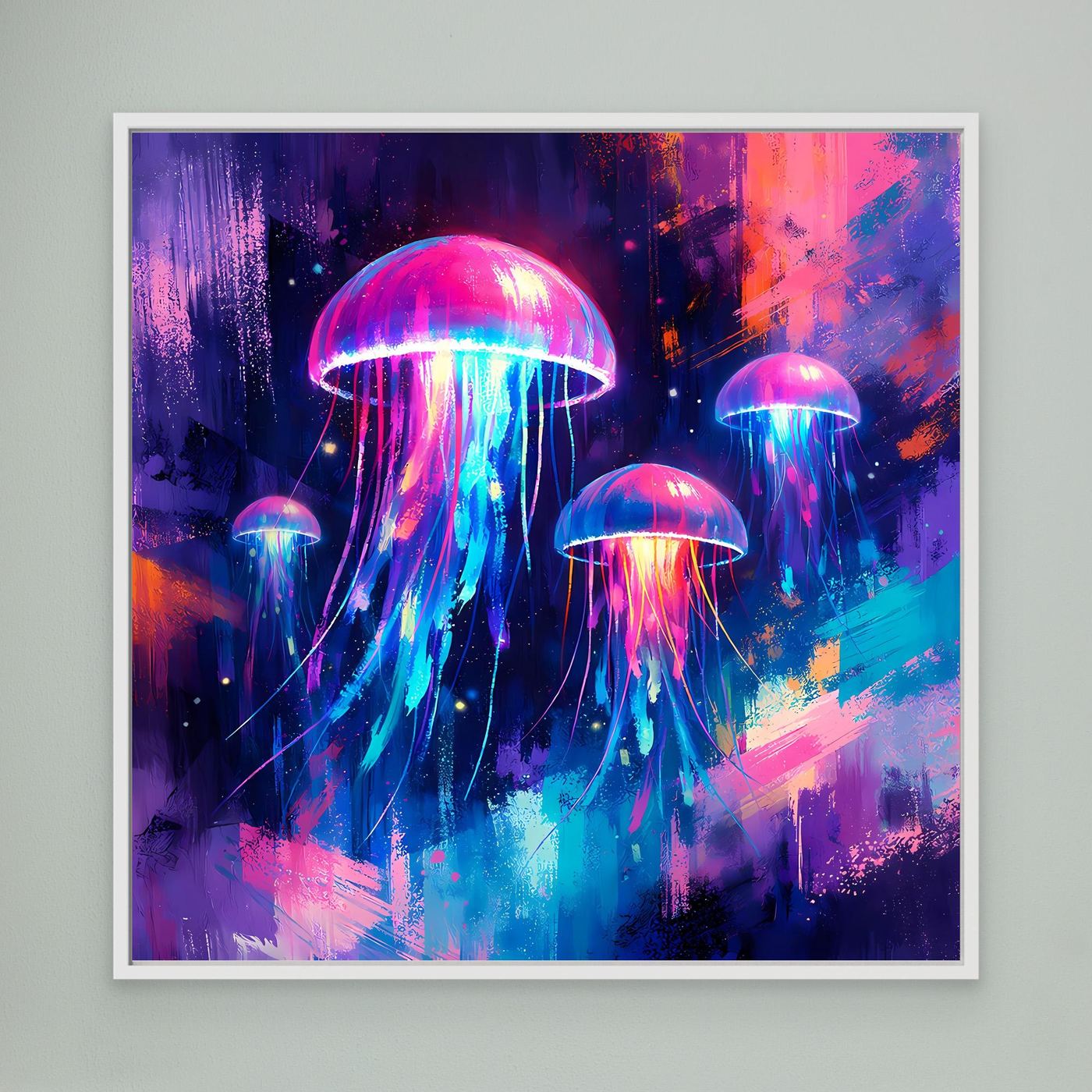 Leinwand Magische Leuchtquallen im Tiefsee-Ozean | Abstraktes Neon Wandbild