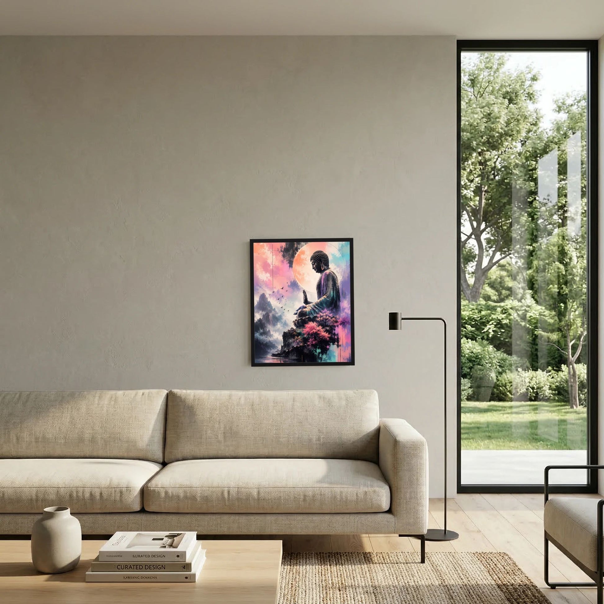 Gerahmtes Poster: sitzender Buddha mit Kirschblüten und Bergelementen im Pastell, schwarzer Rahmen