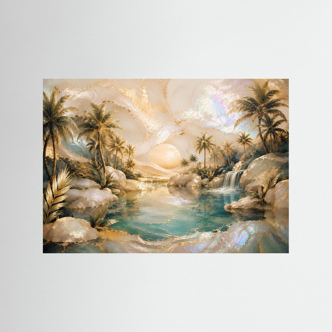 Querformat-Poster mit tropischer Landschaft: Palmen, Wasserfall und türkisfarbener Bachlauf.