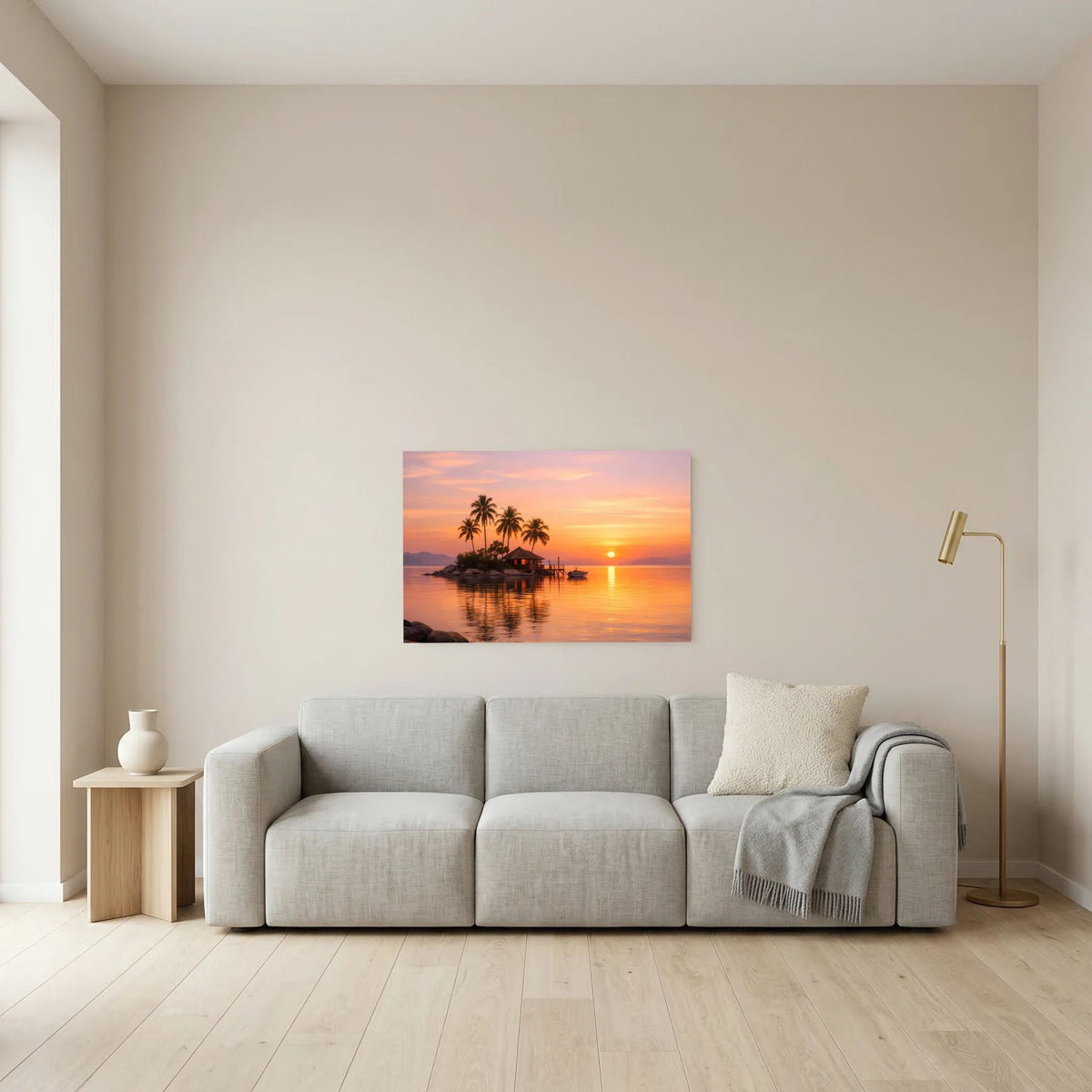 Wandbild im Querformat mit tropischer Insel, Palmen und warmem Sonnenuntergang