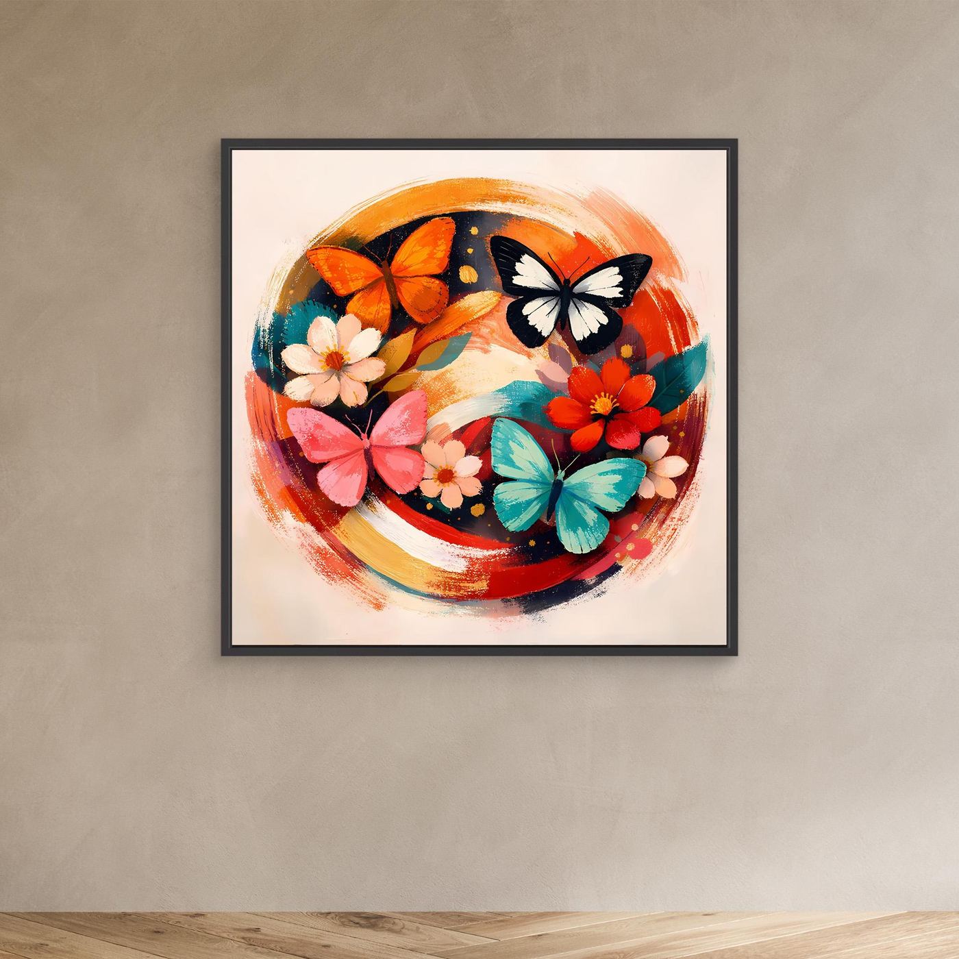 Leinwandbild mit rundem Motiv, schwarzem Rahmen: bunte Schmetterlinge und Blumen