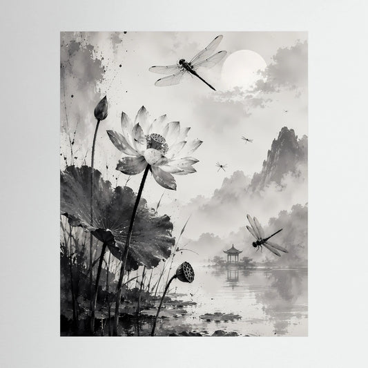 Hochformat-Poster in Schwarzweiß mit Lotusblüten und Libellen, asiatische Tuscheillustration