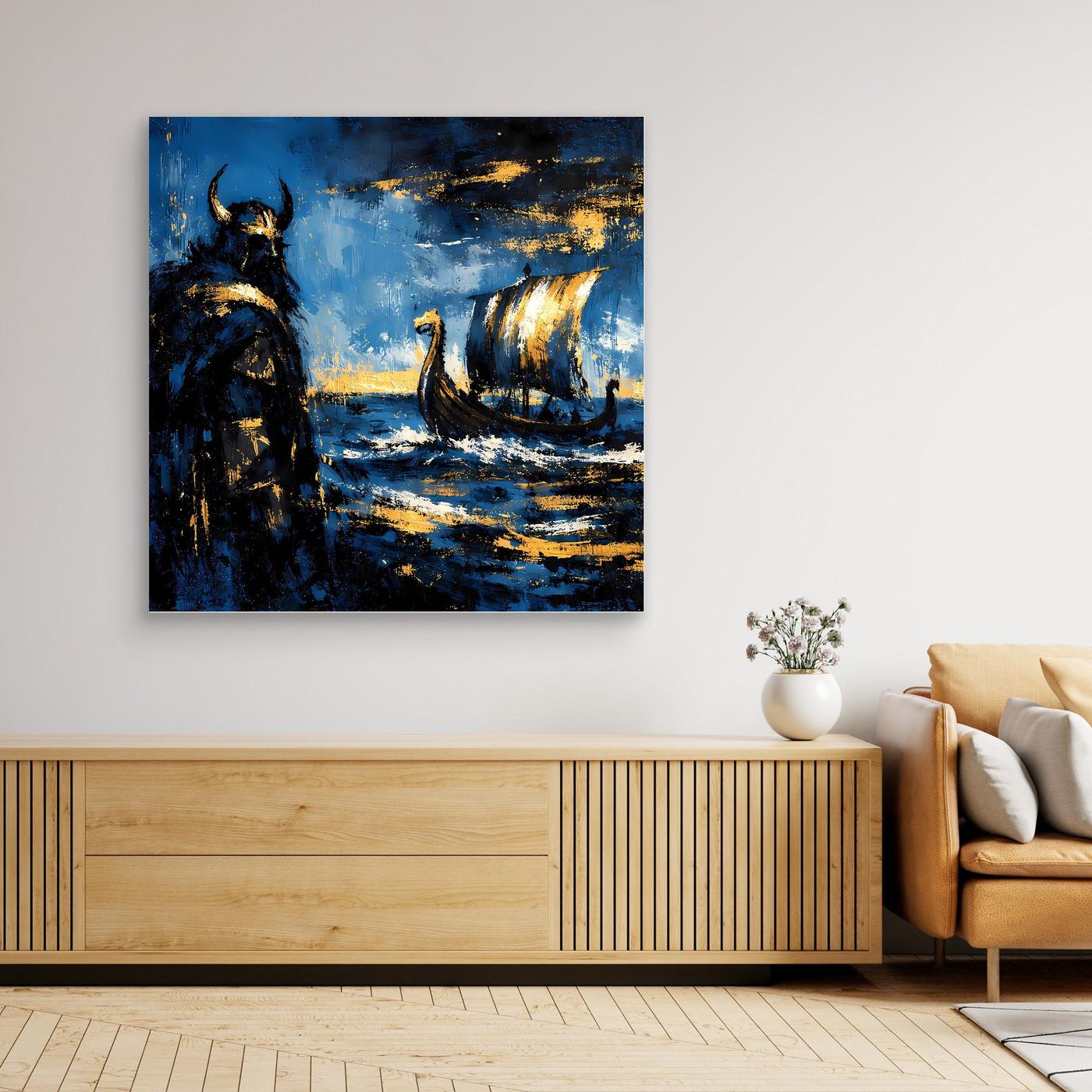 Leinwand Mythischer Wikinger und Langschiff | Abstraktes Nordisches Wandbild