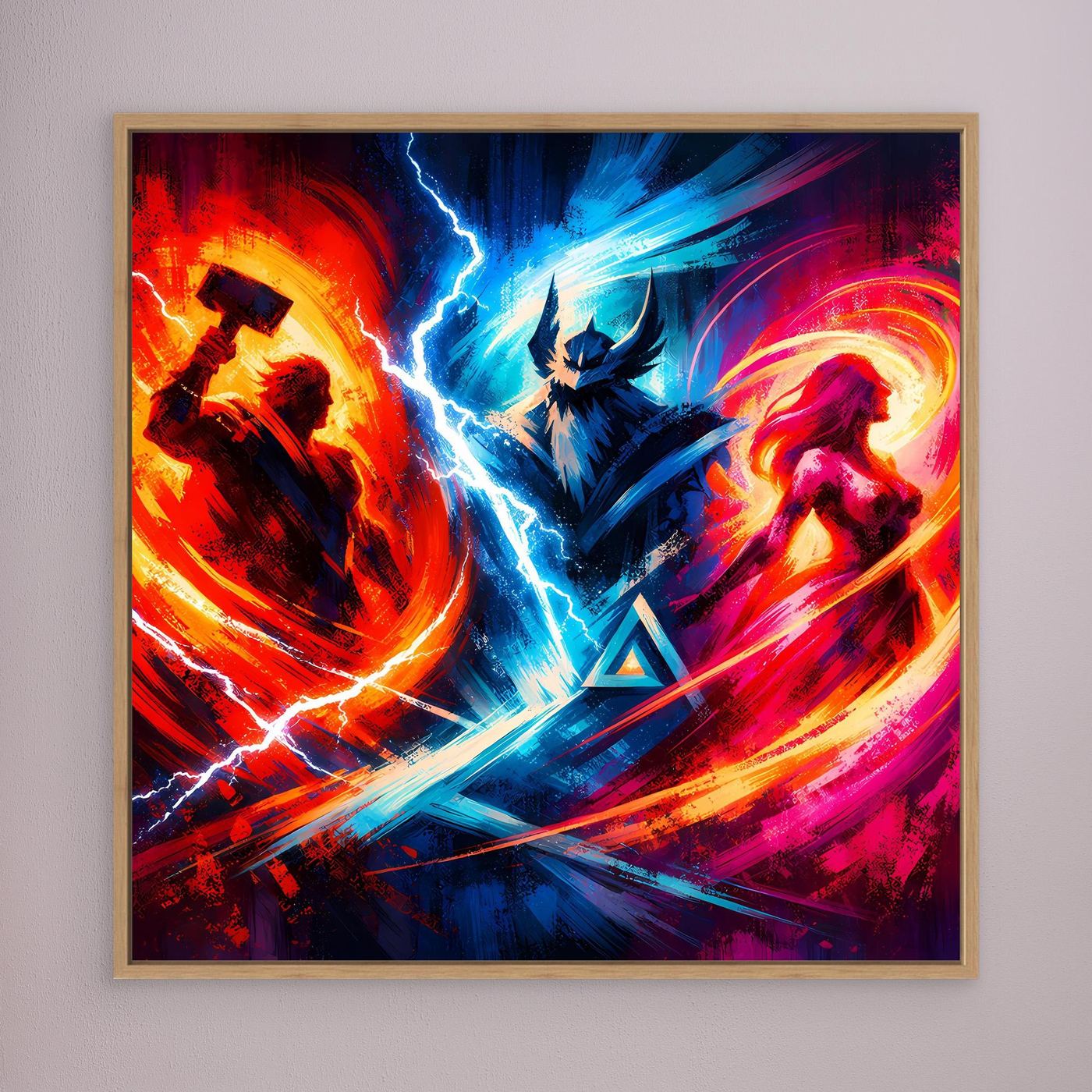 Neon-Fantasy-Leinwandbild mit hellem Holzrahmen: blaue Blitz- und rote Wirbelgrafik