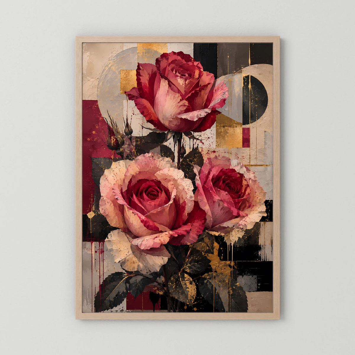 Blumenposter mit Rosen in Rot und Rosa; beiger Holzrahmen, abstrakte Collageoptik.