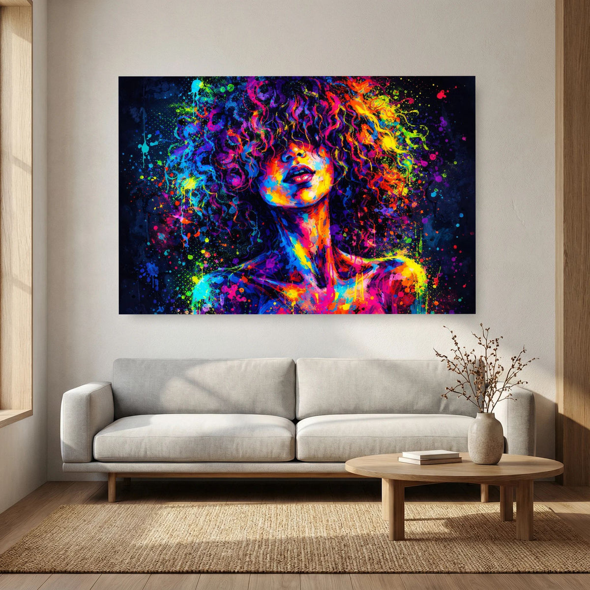 Neonfarbenes Wandbild mit abstrakter Frauenbüste, schwarze Einfassung, Querformat