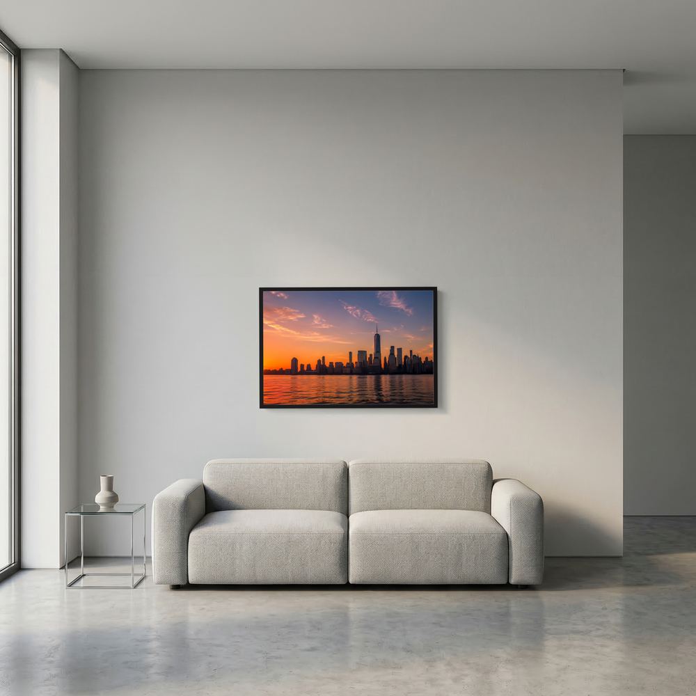 Gerahmtes Poster an der Wand im Querformat: Skyline bei Sonnenuntergang über Wasser