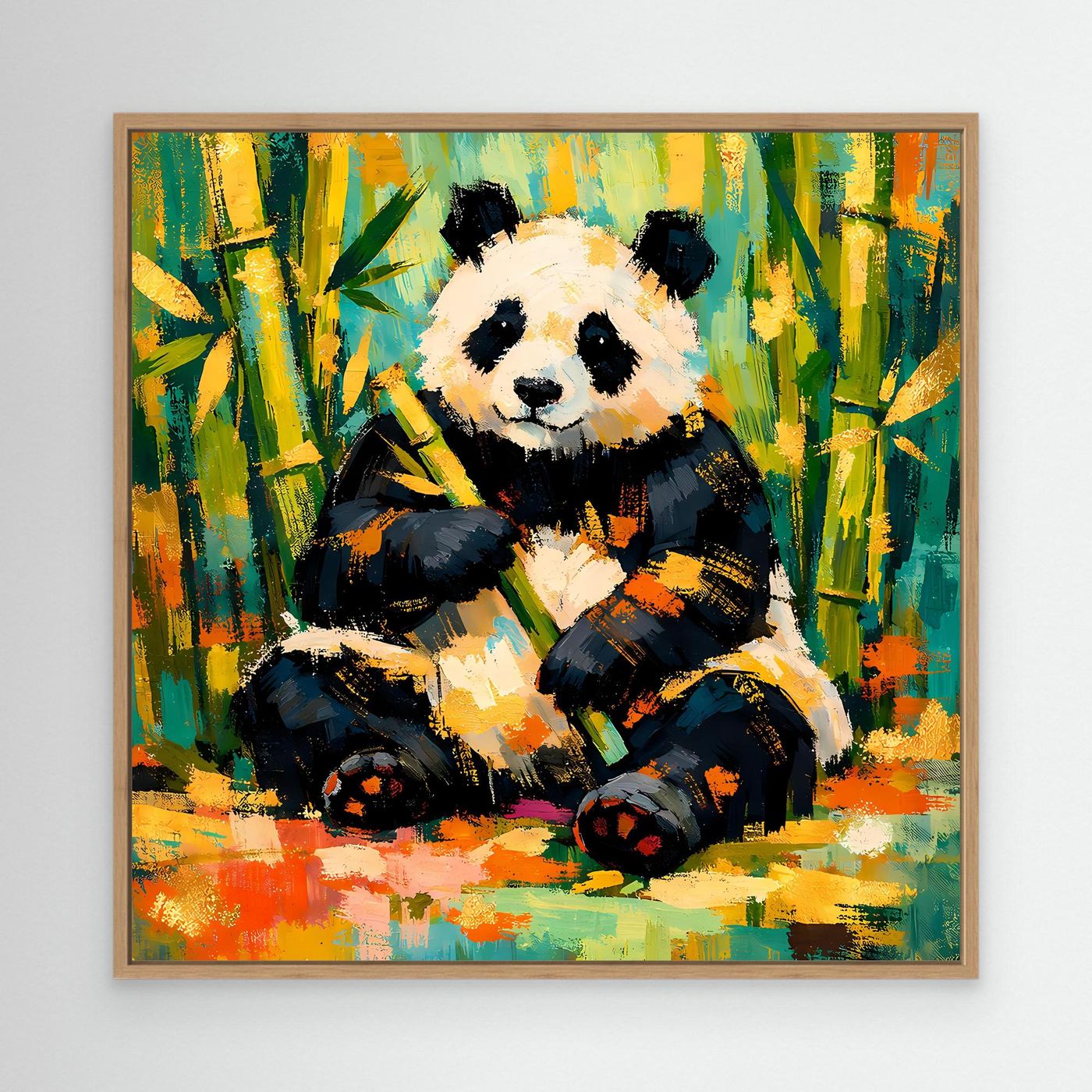 Leinwandbild mit sitzendem Panda im Bambuswald, abstraktes Tiermotiv, Eichenrahmen