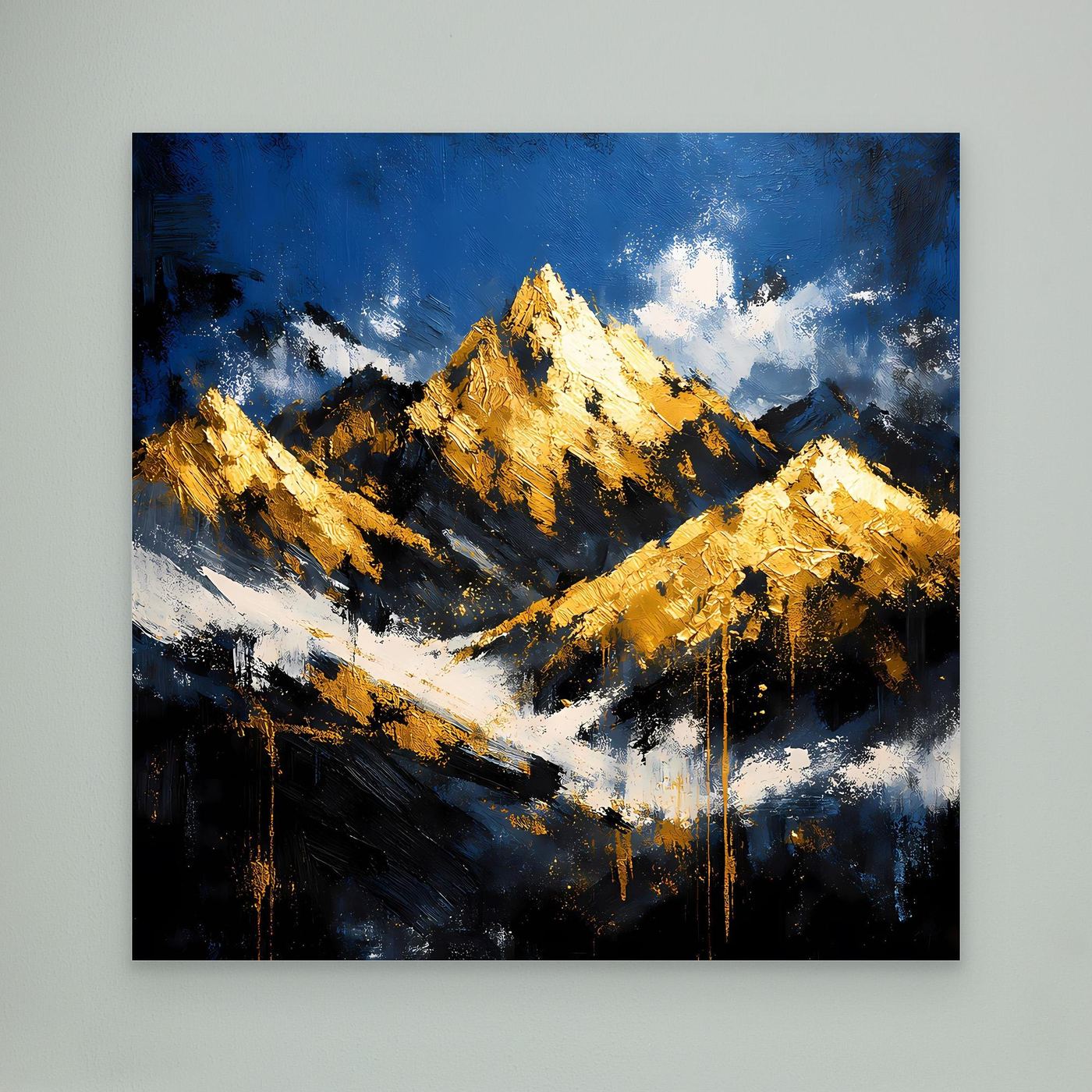 Leinwand Abstraktes Berggemälde in Blau und Gold | Modernes Berge Wandbild