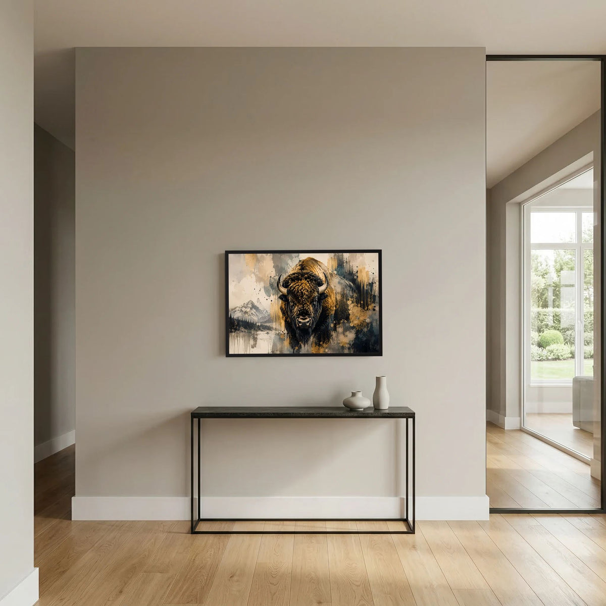 Poster im Querformat mit Büffelkopf in Schwarz und Gold, abstraktes Spritzbild, rahmend