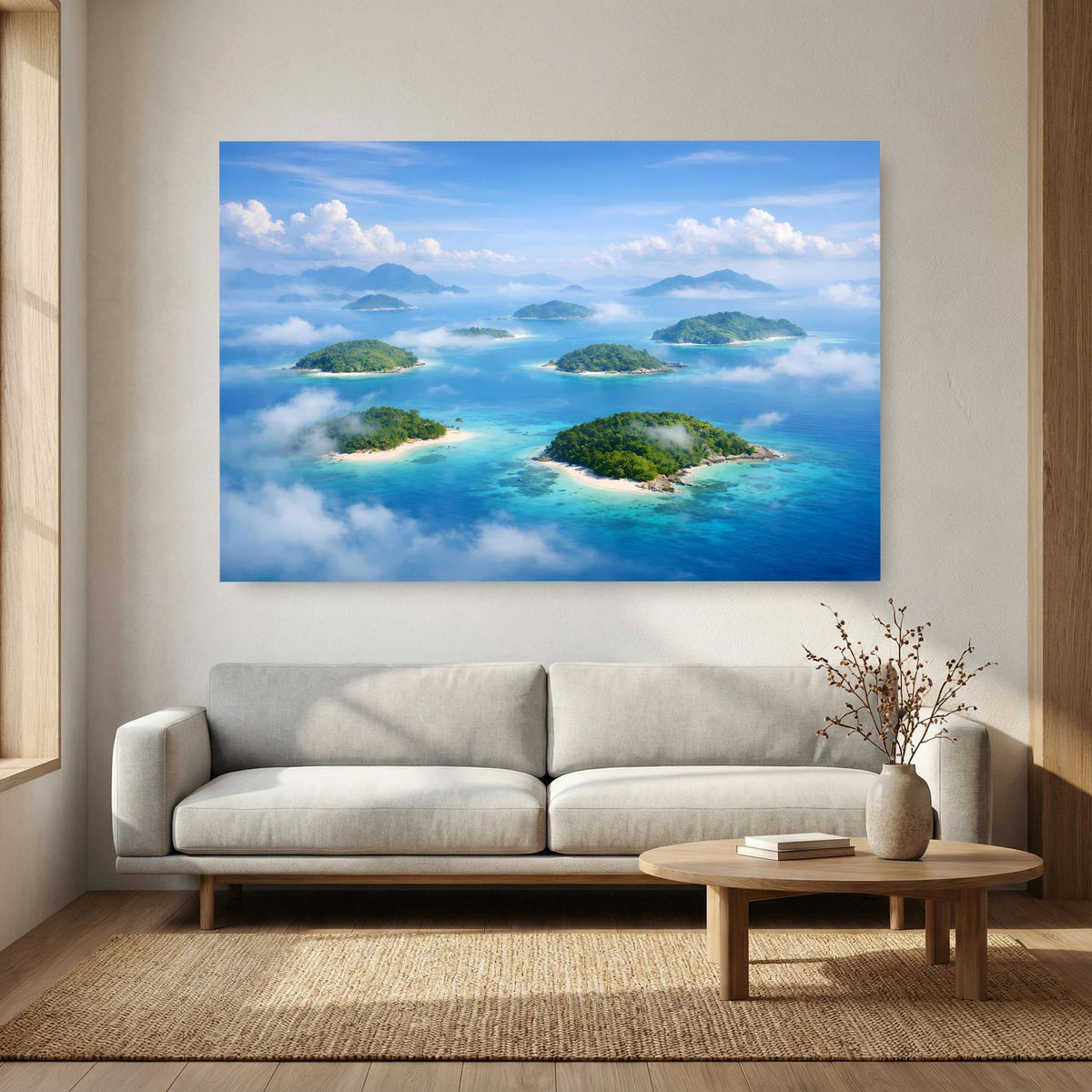 Wandbild mit tropischen Inseln und türkisblauem Meer aus Vogelperspektive
