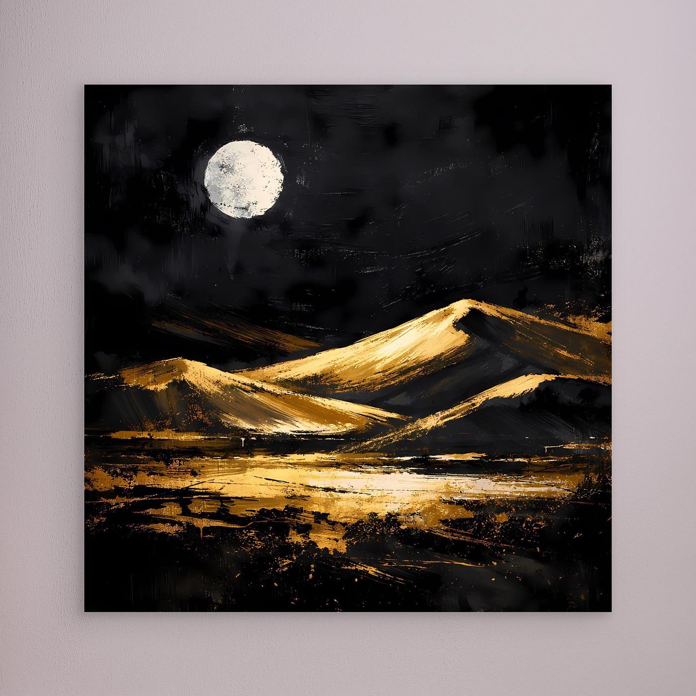 Leinwand Goldene Wüstendünen bei Vollmond | Modernes Abstraktes Landschafts Wandbild