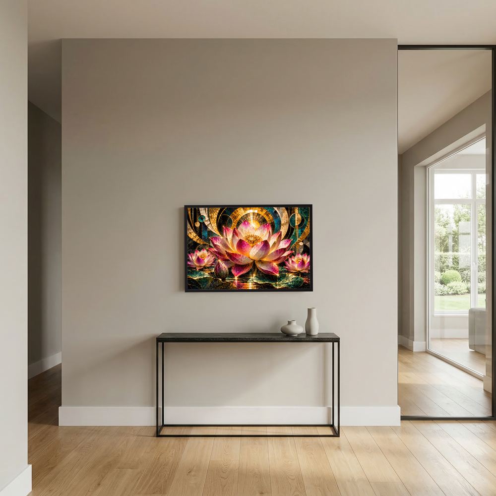 Kleines Wandposter mit Lotusblüten im Mosaikstil, Pink/Gold/Türkis, dunkel gerahmt