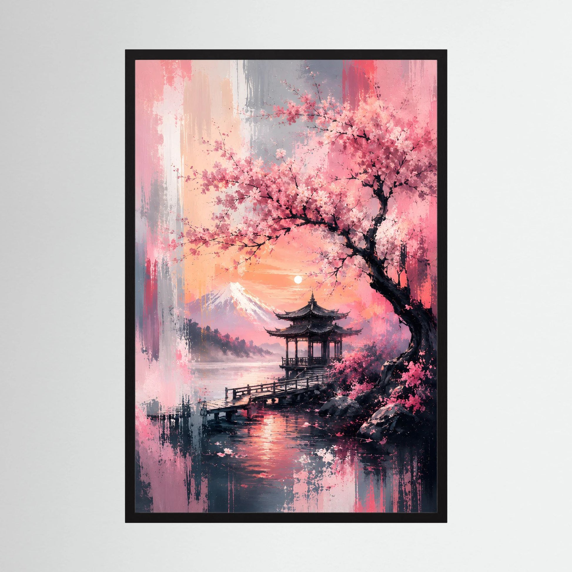 Hochformatiges Japan-Landschaftsposter mit Kirschblüten, Pagode und See, schwarzer Rahmen