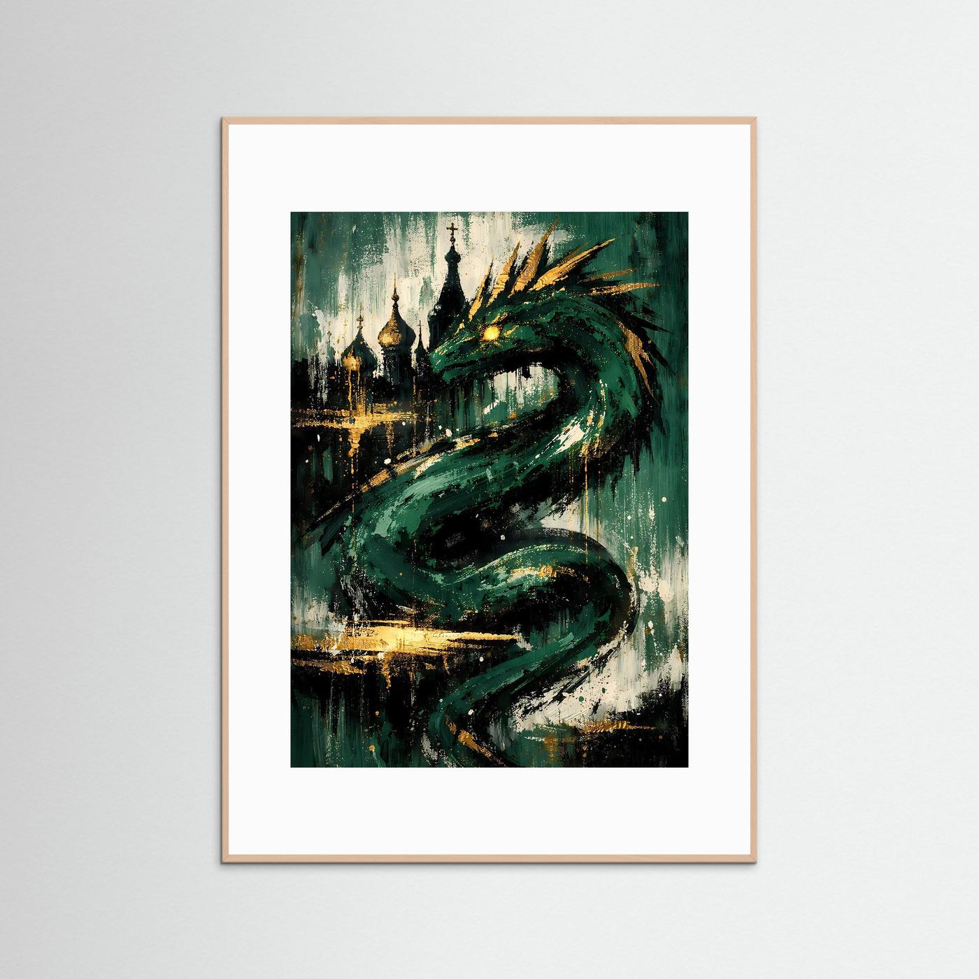 Drachen-Poster im Hochformat mit grünem Drachenmotiv und goldenen Akzenten, weißer Rahmen