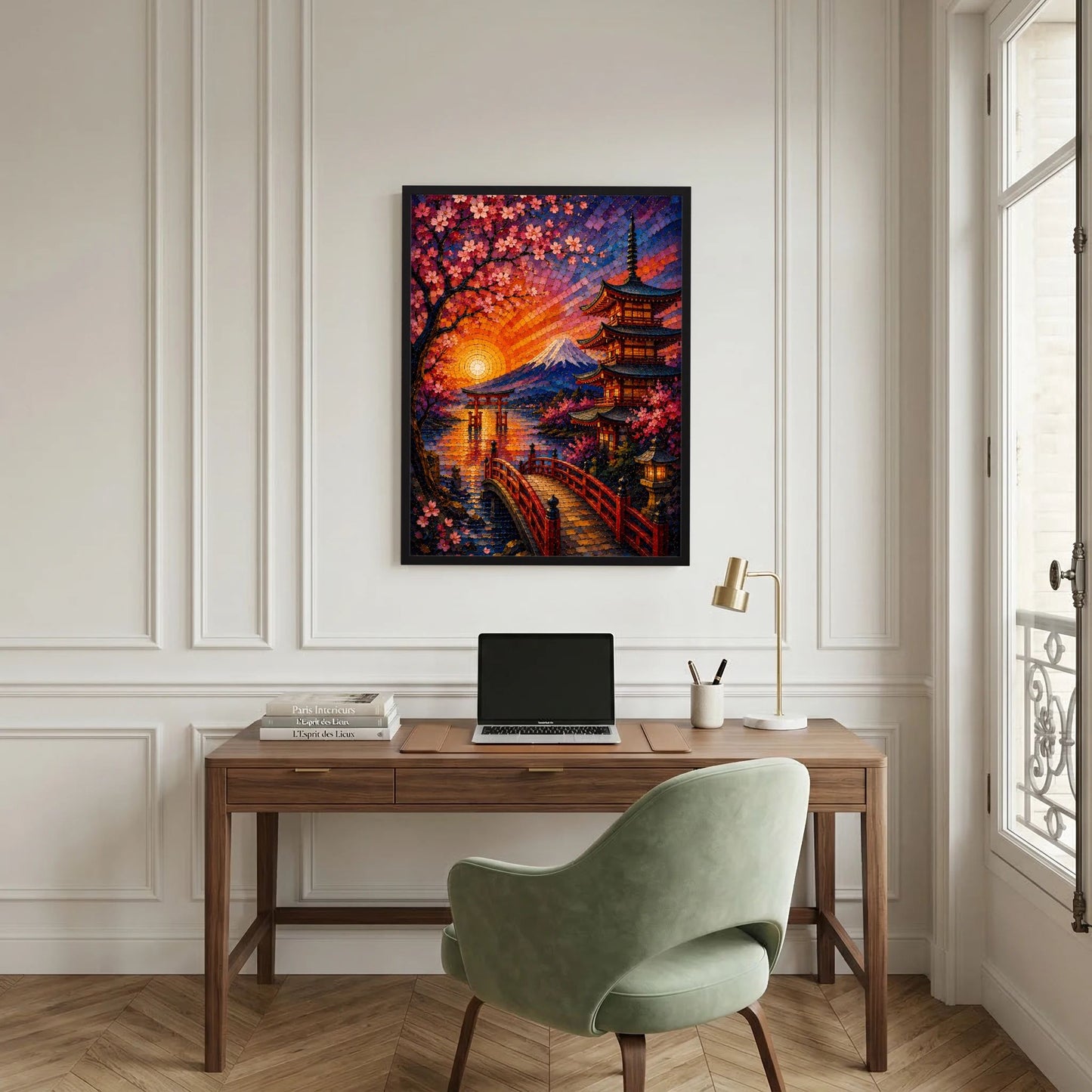 Wandposter im Hochformat mit Sakura-Baum, Pagode und Fuji bei Sonnenuntergang, schwarzer Rahmen