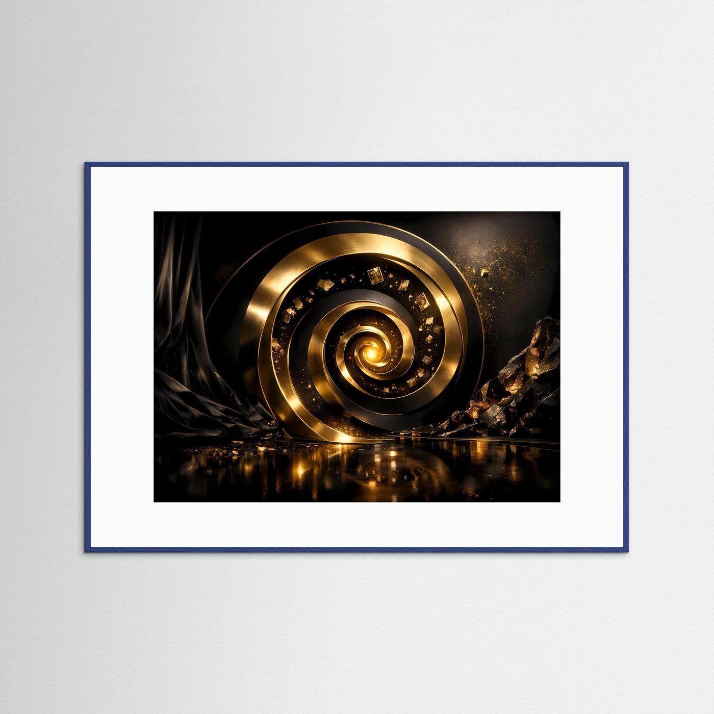 Wandbild mit Goldspirale, weißes Passepartout, blauer Rahmen