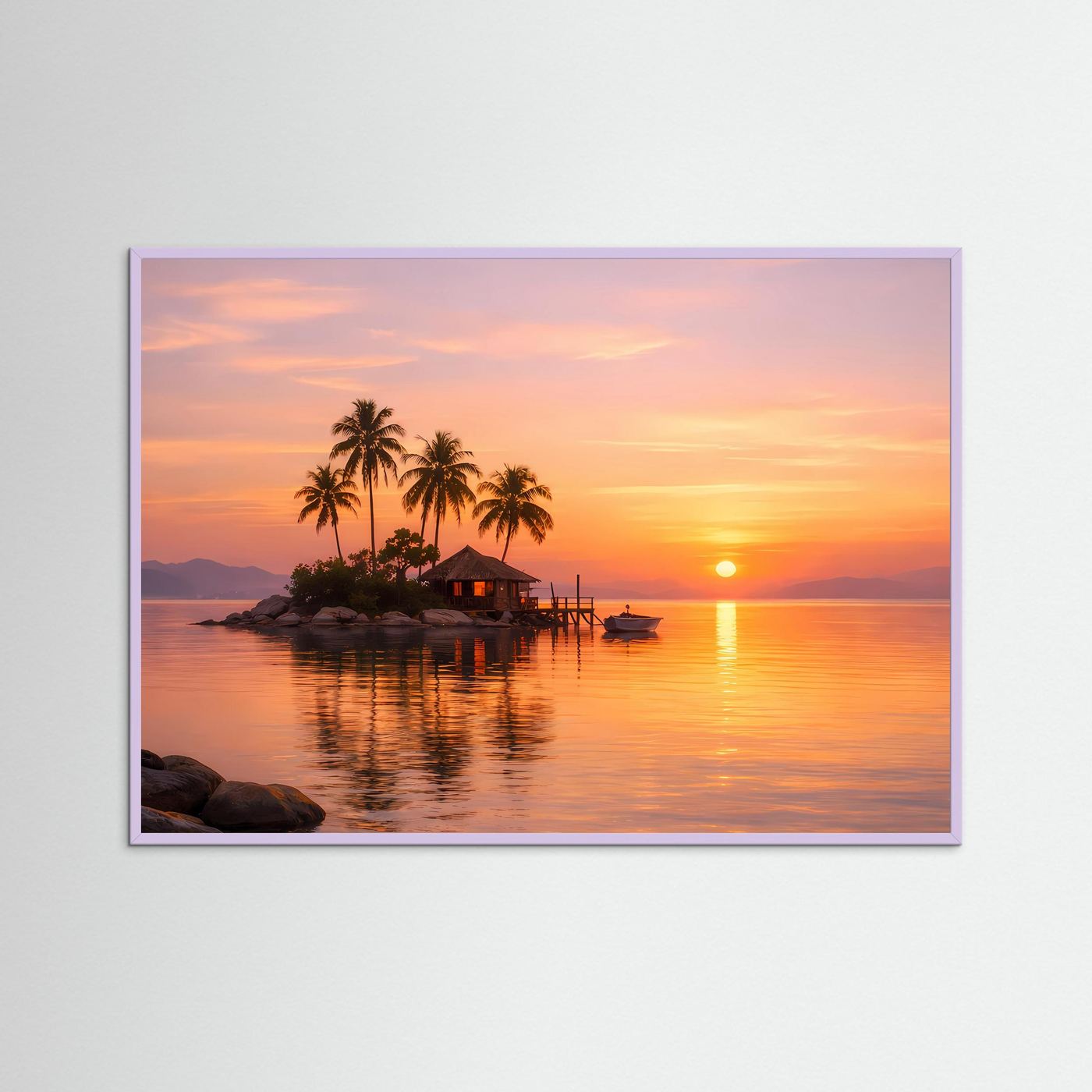 Wandbild mit tropischer Insel im Sonnenuntergang, lila Rahmen