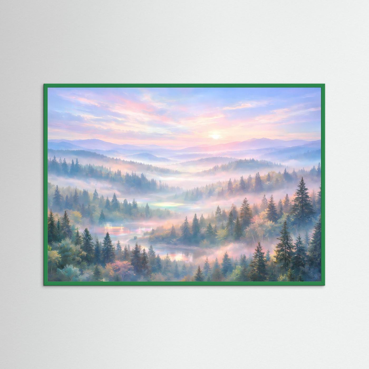 Poster mit Waldlandschaft im Morgendunst, Sonnenaufgang, mit grünem Rahmen.