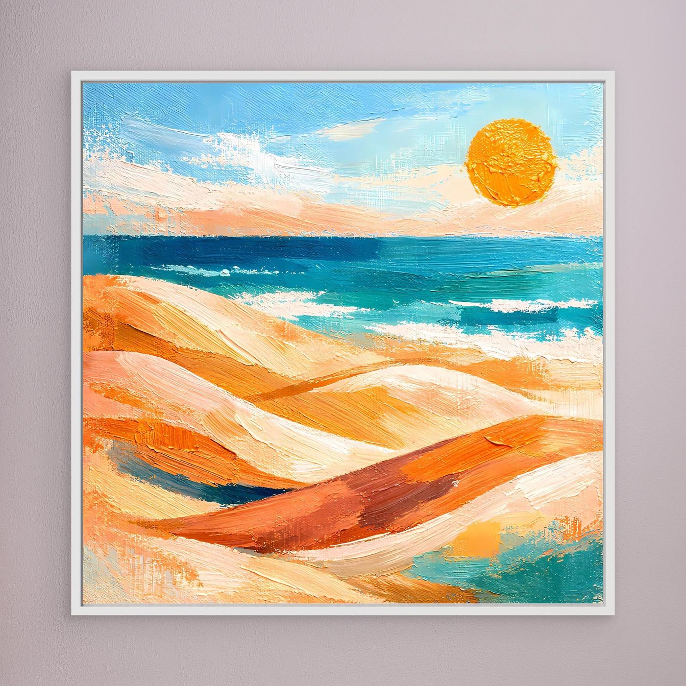 Rechteckiges Leinwand-Wandbild mit abstrakten Dünen, Meer und gelber Sonne, weißer Rahmen