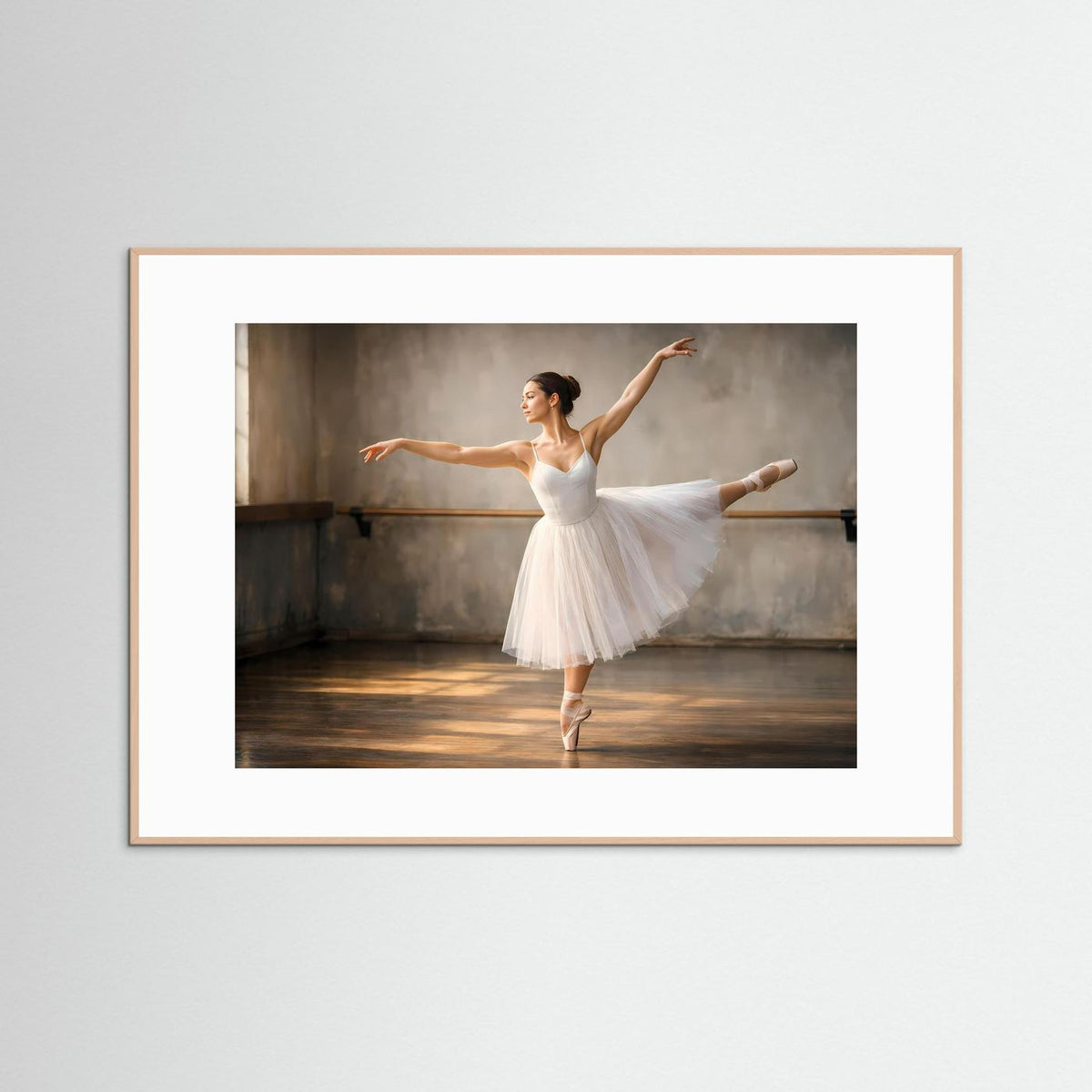 Ballettposter mit Ballerina im weißen Tutü, beige Holzrahmen