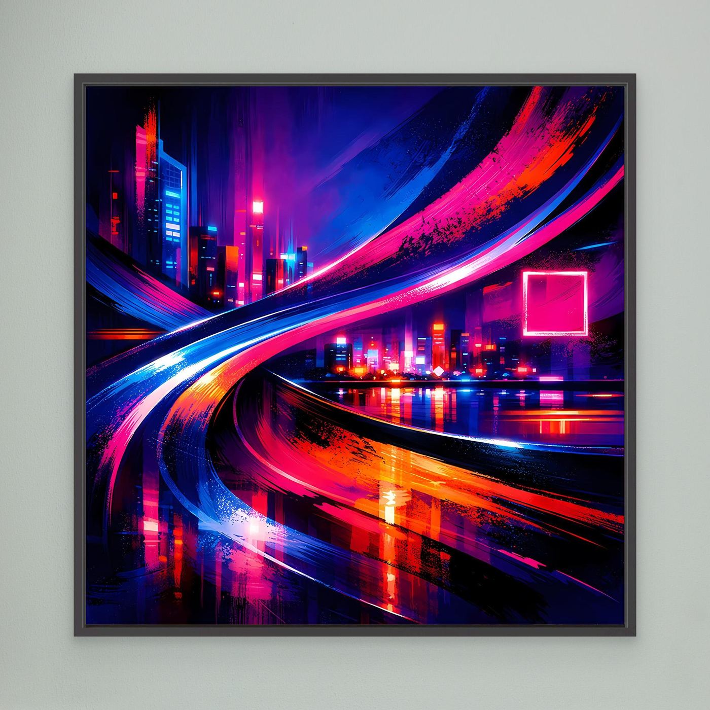 Gerahmtes Leinwandbild mit Neon-Skyline und Lichtspuren, schwarzer Rahmen