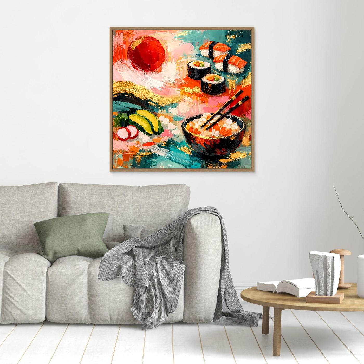 Leinwandbild mit Sushi-Motiv, klein an der Wand: rote Deko-Kugel, Sushirollen und Stäbchen