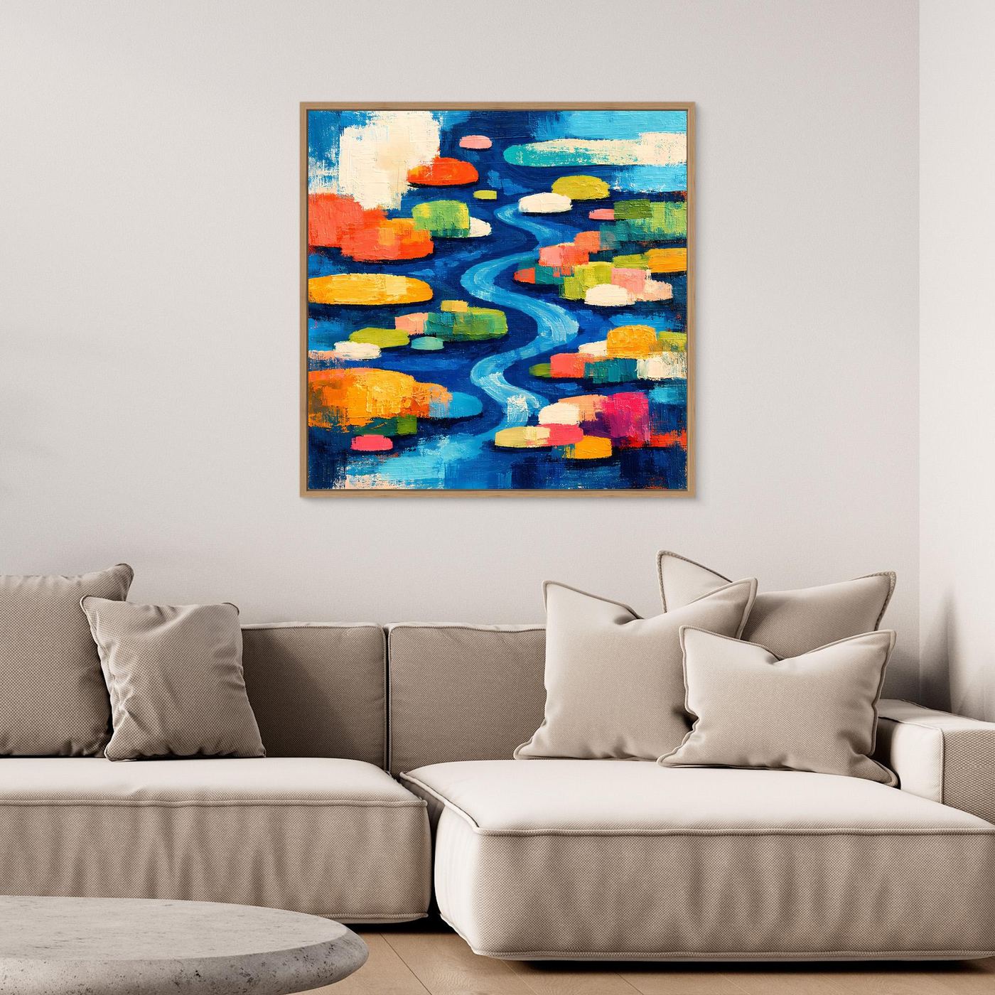 Leinwand-Wandbild mit abstraktem Seerosenteich und Flusslauf, weiß gerahmt, bunte Akzente