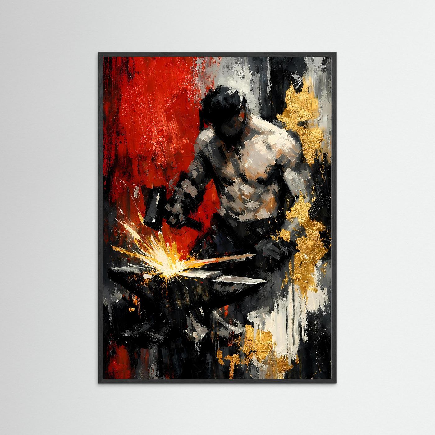 Abstraktes Schmiedekunst-Poster im Hochformat, Figurmotiv, mit schwarzem Rahmen