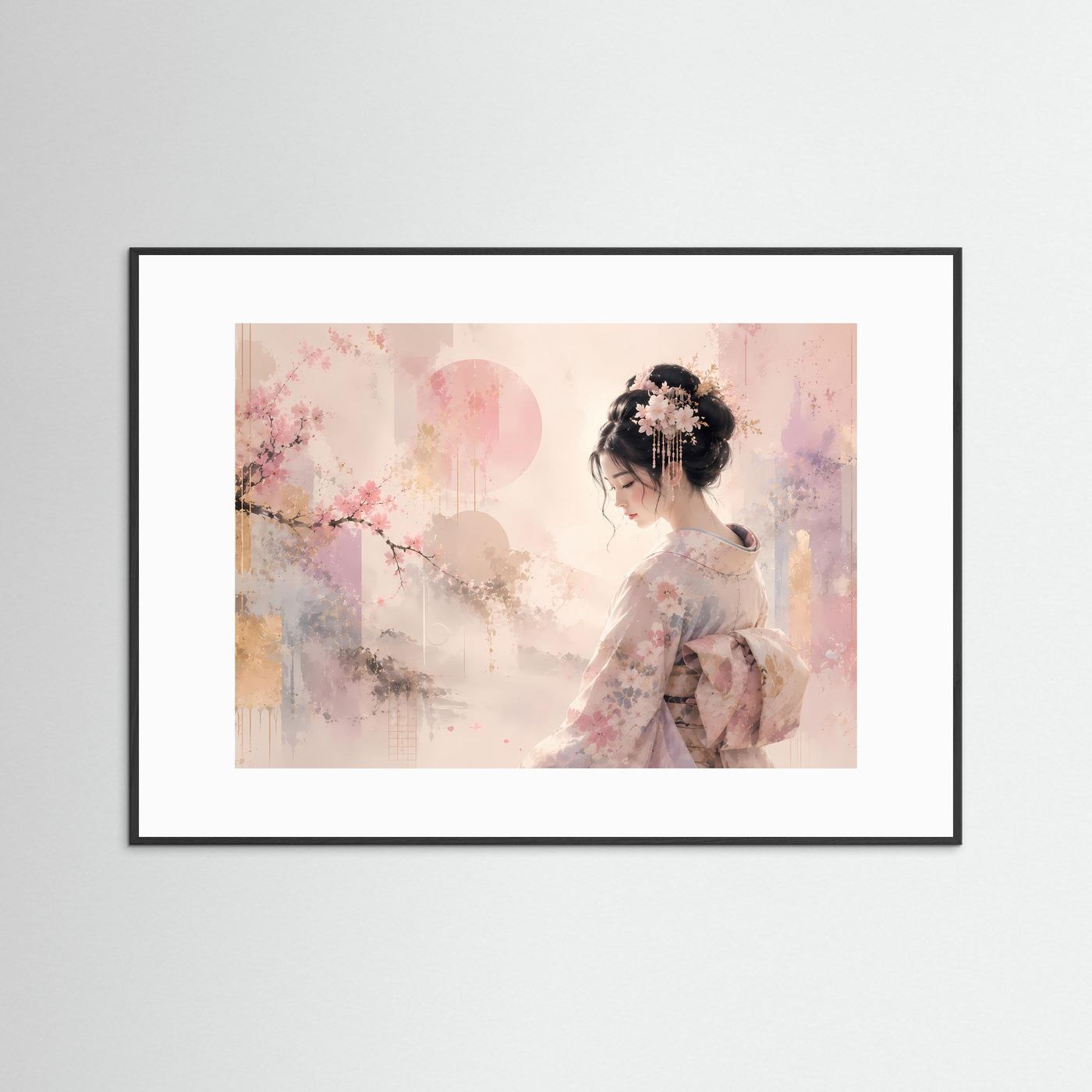 Japanische Geisha mit Kirschblüten | Elegante Pastell Kunst