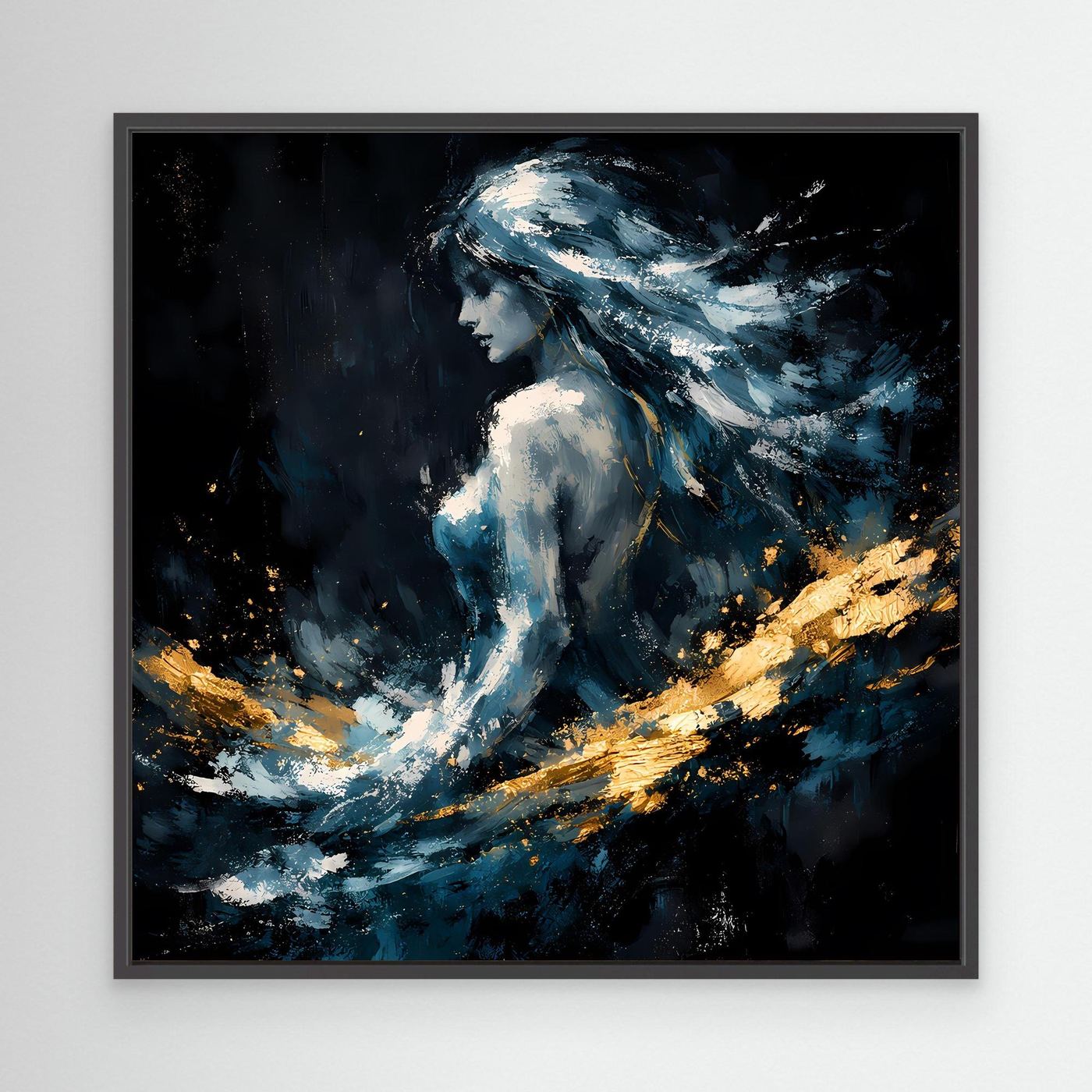 Leinwand Mystische Frauen-Figur in Blau und Gold | Modernes Abstraktes Fantasie Wandbild