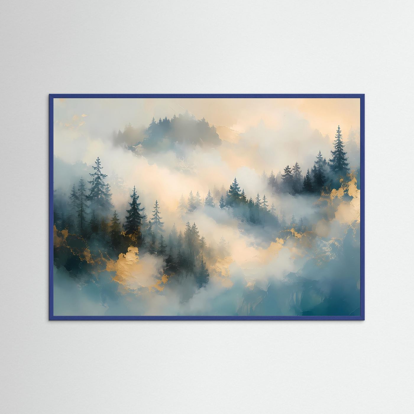 Nebelwald Poster | Mystischer Wald Wandbild | Abstrakte Landschaftskunst in Gold und Blau