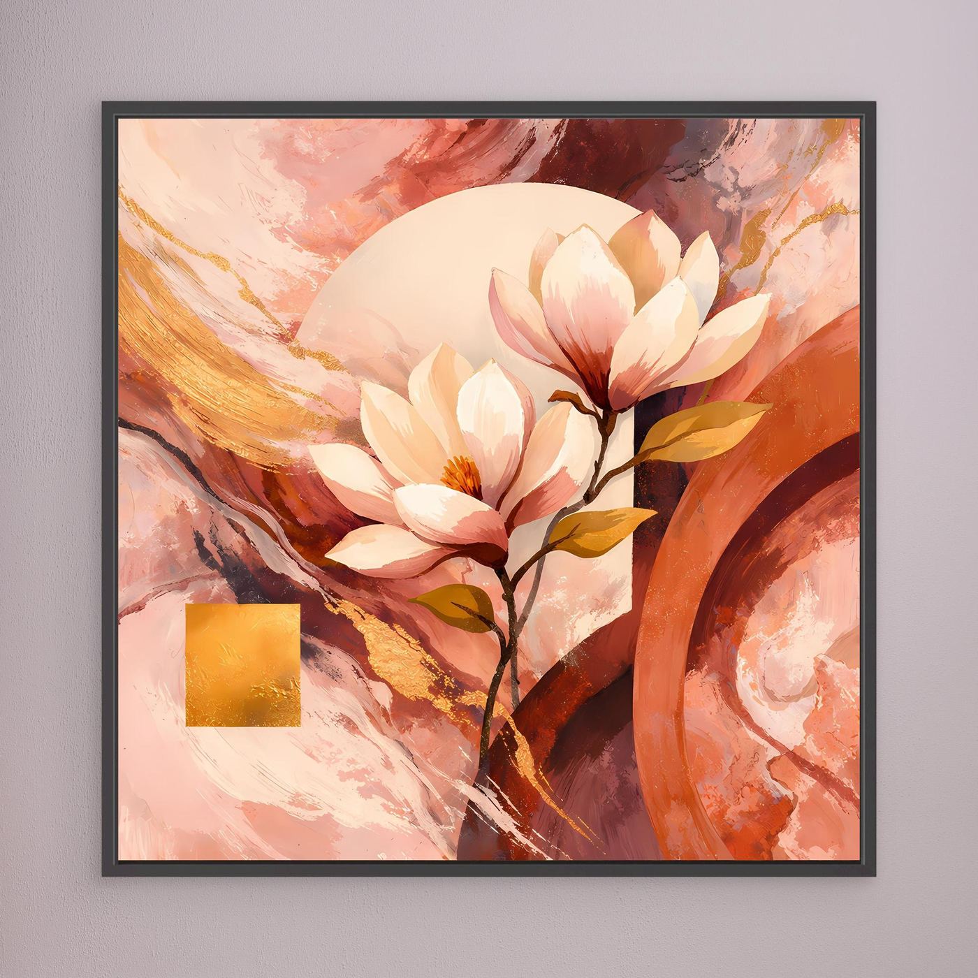 Gerahmtes Leinwandbild: Magnolienblüten in Rosé, abstrakte Pinselstriche, goldener Akzent; dunkel